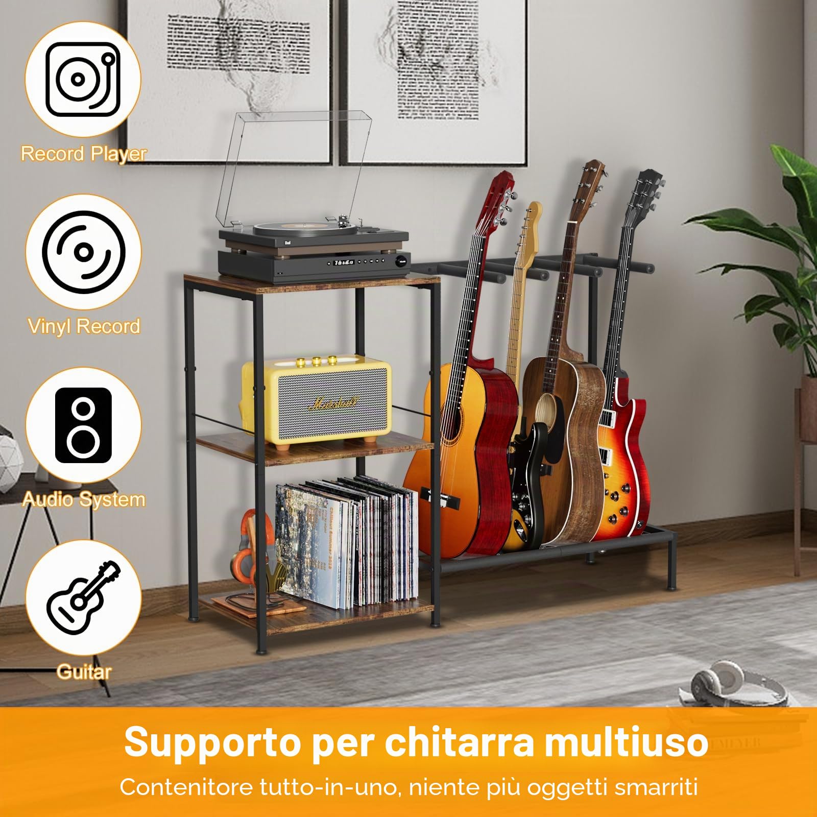Supporto per chitarra, a 3 ripiani, per chitarra acustica, chitarra elettrica, basso, regolabile, multi display per chitarra, sala musica, studio domestico con ripiano, accessori per