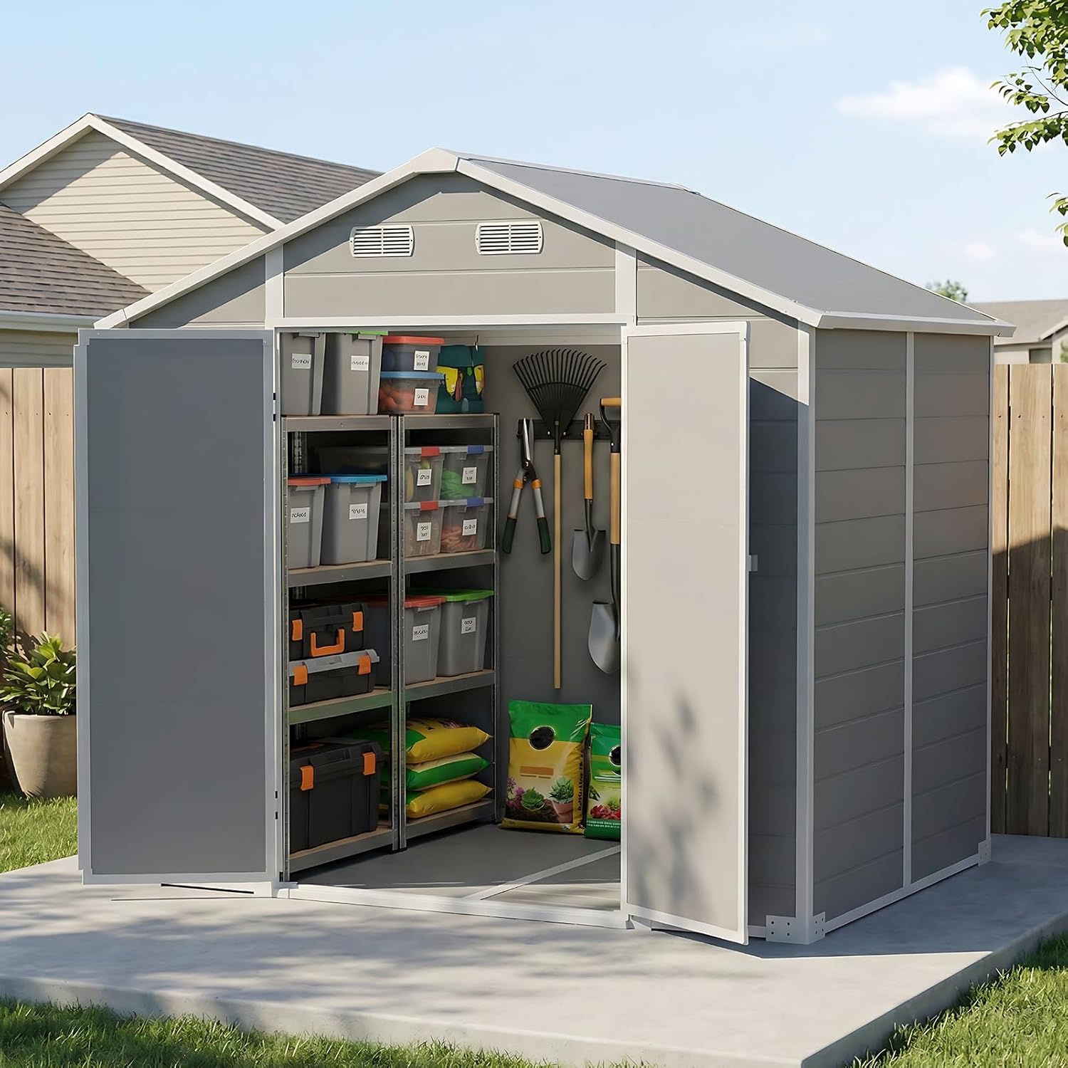 AIRAJ 8x6FT Outdoor Storage Shed with Floor,Waterproof Garden Resin Tool Shed with Window&Vents,Lockable Door&Ramp,Plastic Storage Shed Suitable for Patios,Gardens, Backyards and Construction Sites