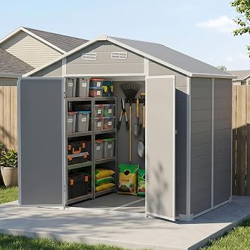 AIRAJ 8x6FT Outdoor Storage Shed with Floor,Waterproof Garden Resin Tool Shed with Window&Vents,Lockable Door&Ramp,Plastic Storage Shed Suitable for Patios,Gardens, Backyards and Construction Sites