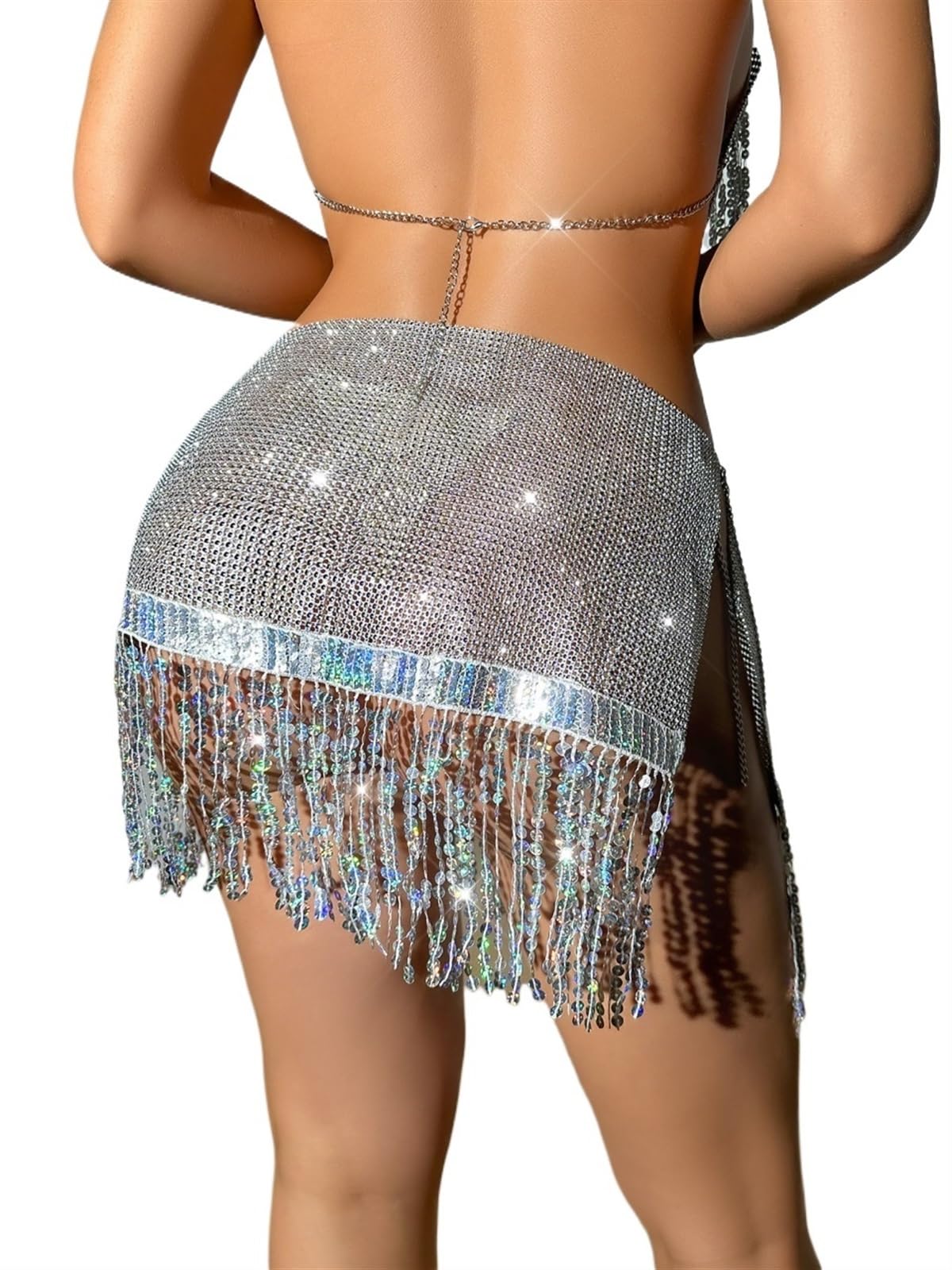 Gonna con Nappine Gonna da Danza del Ventre con Paillettes Donna, Minigonna Frange in Cotta di Maglia, Strass Lucidi, Night Club, Performance, Rave Party