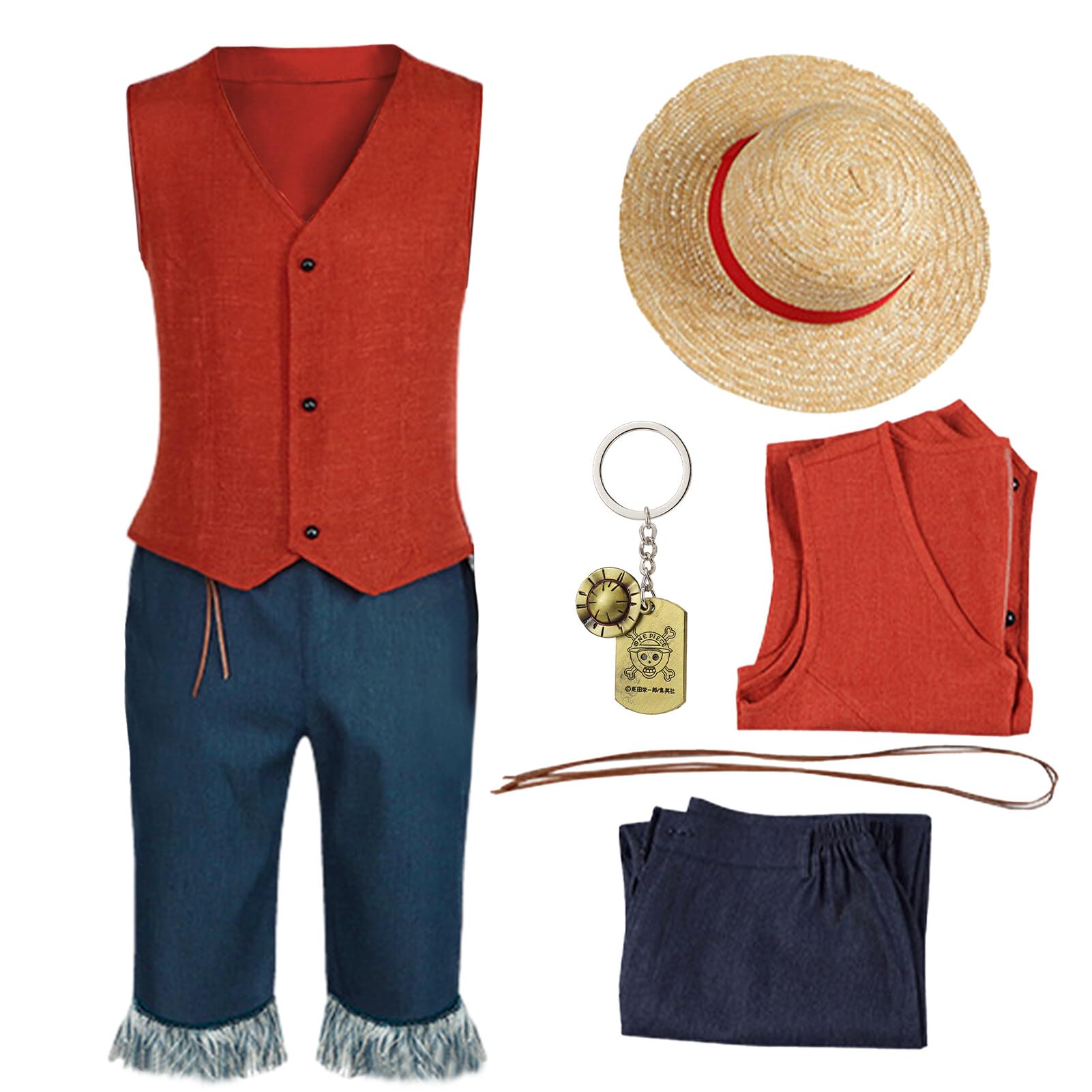 Antsparty Luffy - Disfraz de anime para hombre, disfraz de luffy de acción en vivo con sombrero de paja, llavero, para hombre, Halloween, carnaval, fiesta