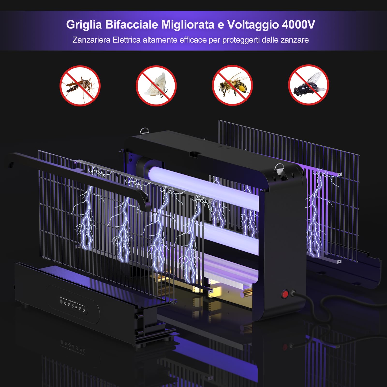 Lampada Antizanzare, Doppio Lato 4000V Zanzariera Elettrica, 20W UV Lampada Zanzare con Telecomando, 2 Lampadine di Riserva, Area Effettiva 100m², Adatta Cucina, Camera Letto,Ufficio（Nero）
