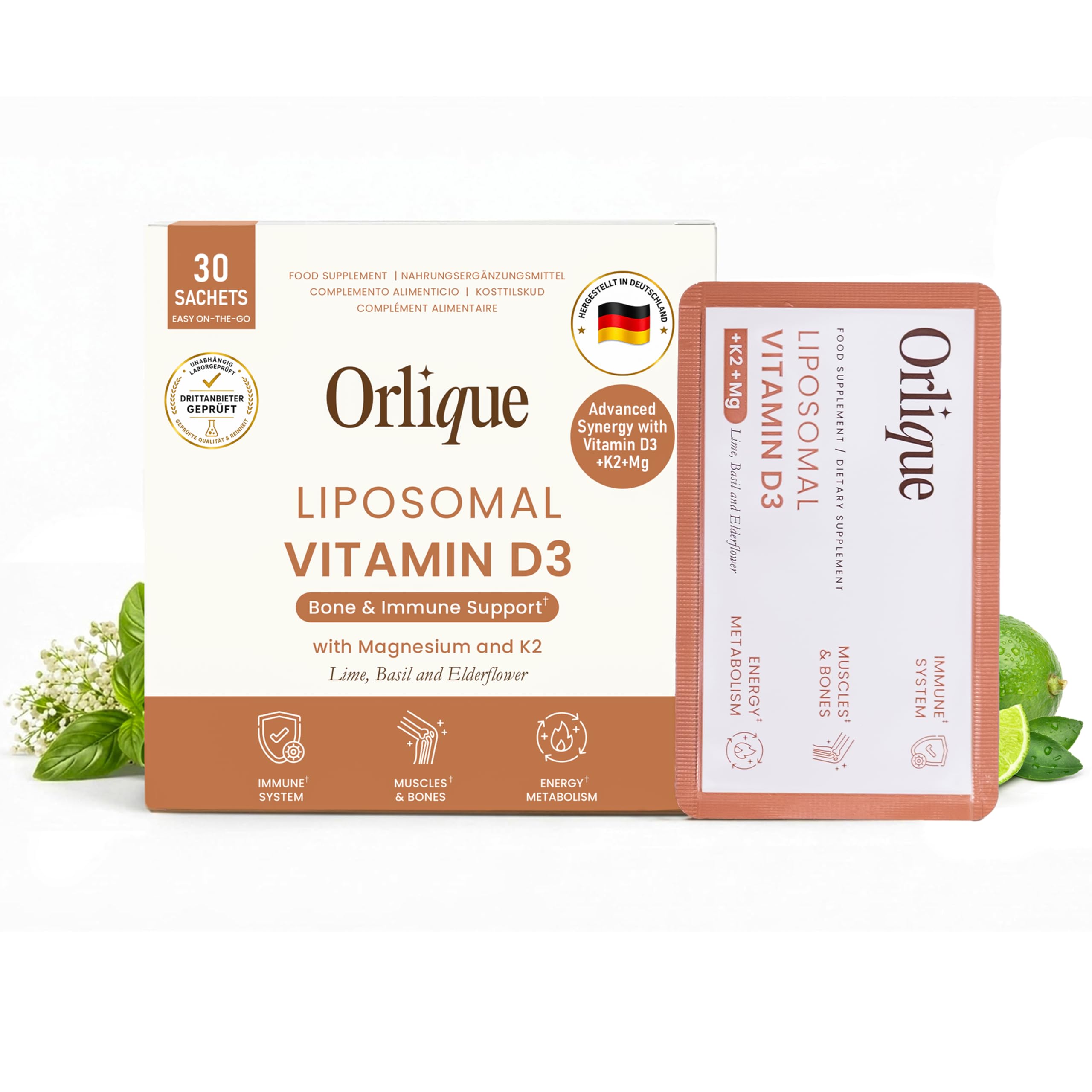 Liposomales Vitamin D3 K2 Magnesium Flüssige - 30 Sachets - Hochdosiert 100 mcg Vitamin D3 pro Tag - 1 Monatsvorrat - Hohe Bioverfügbarkeit für Immunsystem, Knochen & Muskeln - Vegan & Lab Getestet