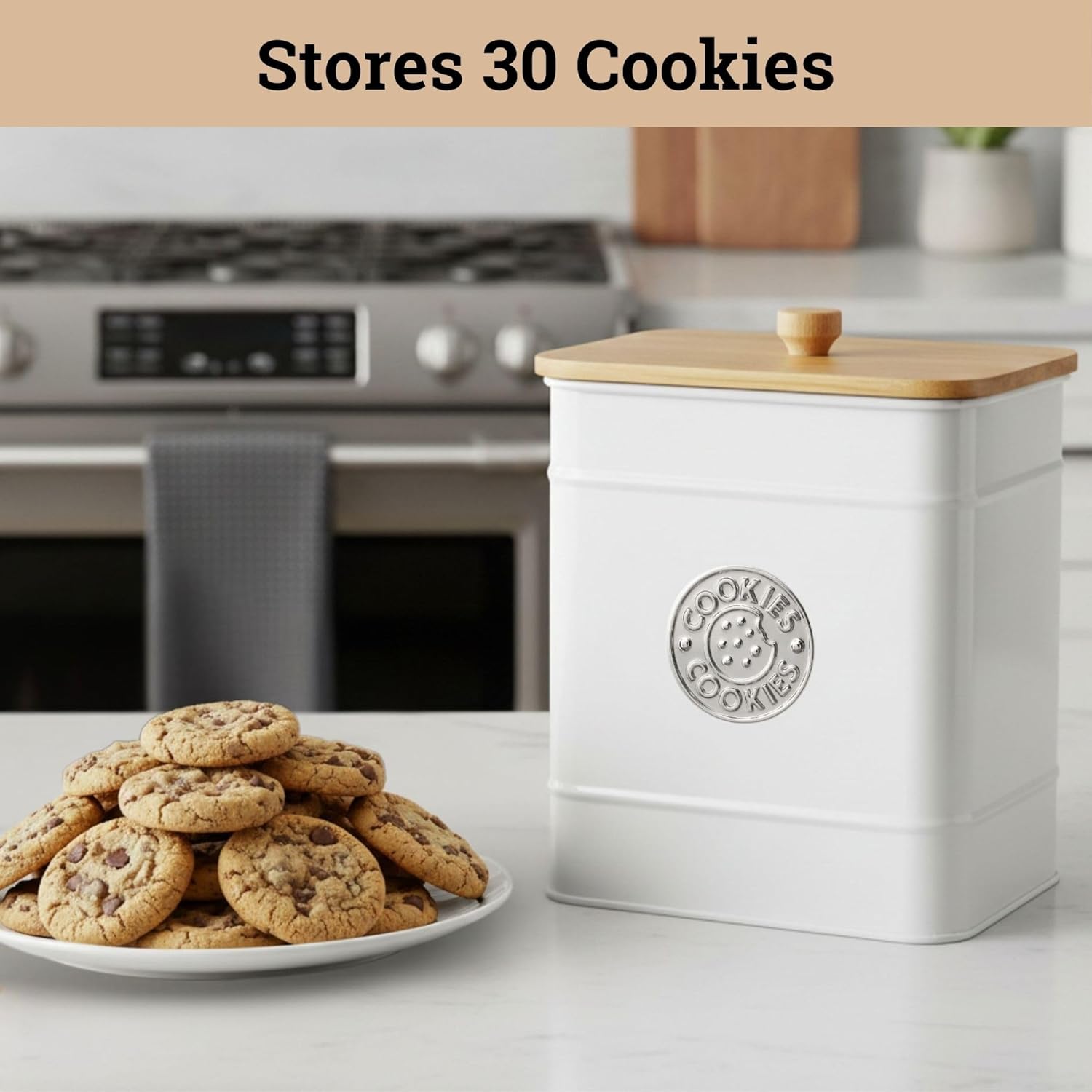 Cookie Jar with Airtight Lid - 1 Gallon - 6"D x 8"H White Iron Cookie Tin with Bamboo Lid - Large Cookie Jars with Lids Airtight - Farmhouse Cookie Jars for Kitchen Counter Decorative - Cookies Jar