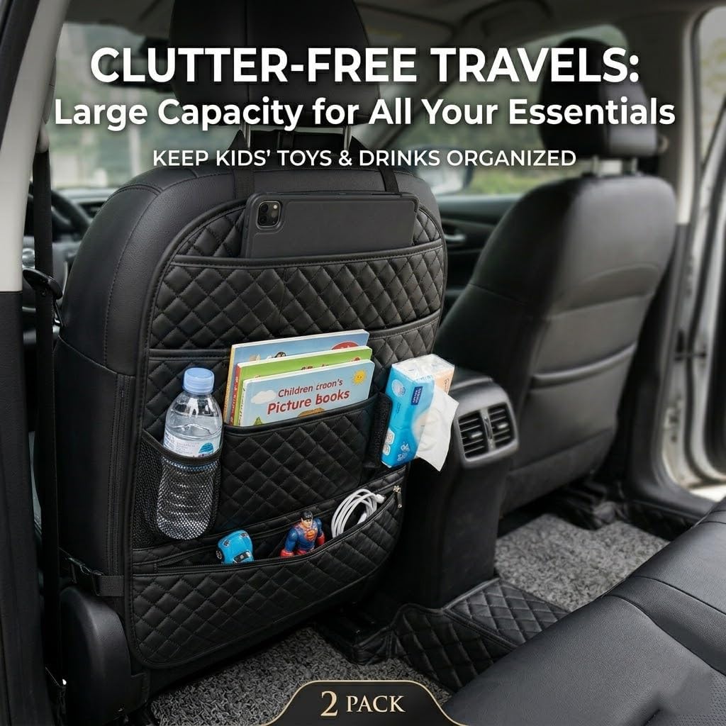 Kick Mats Back Seat Protector - Premium Leather Car Seat Back Cover for Kids Feet,Waterproof Car Seat Organizer and Storage with Large Capacity Pockets,Universal Fit for SUV, Truck,Sedan