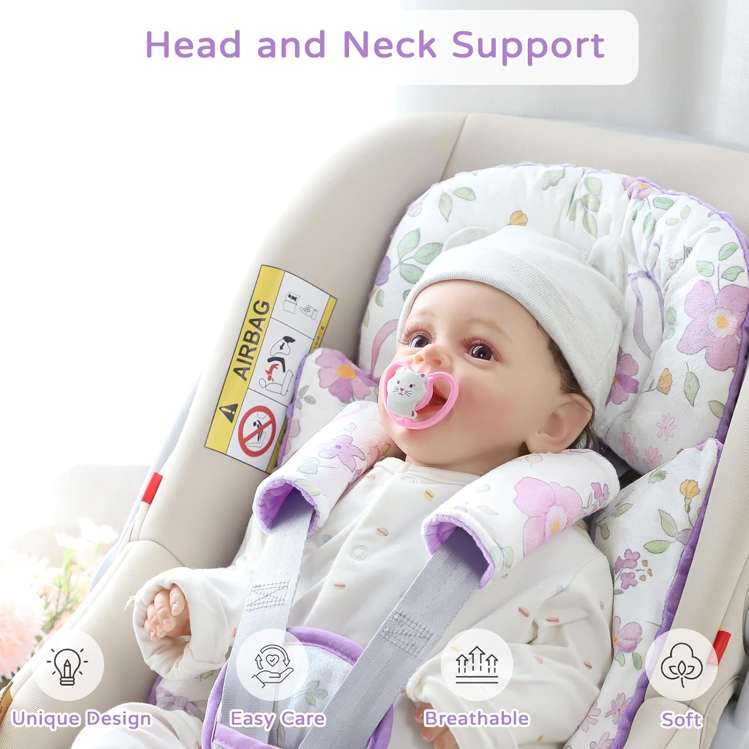 SWESEN Infant Car Seat Insert with 3 Strap Covers Set, Car Seat Head Support Baby for Girls, Soft 3 in 1 Baby Car Seat Cushion for Strollers, Bouncers, Swing, Purple Floral