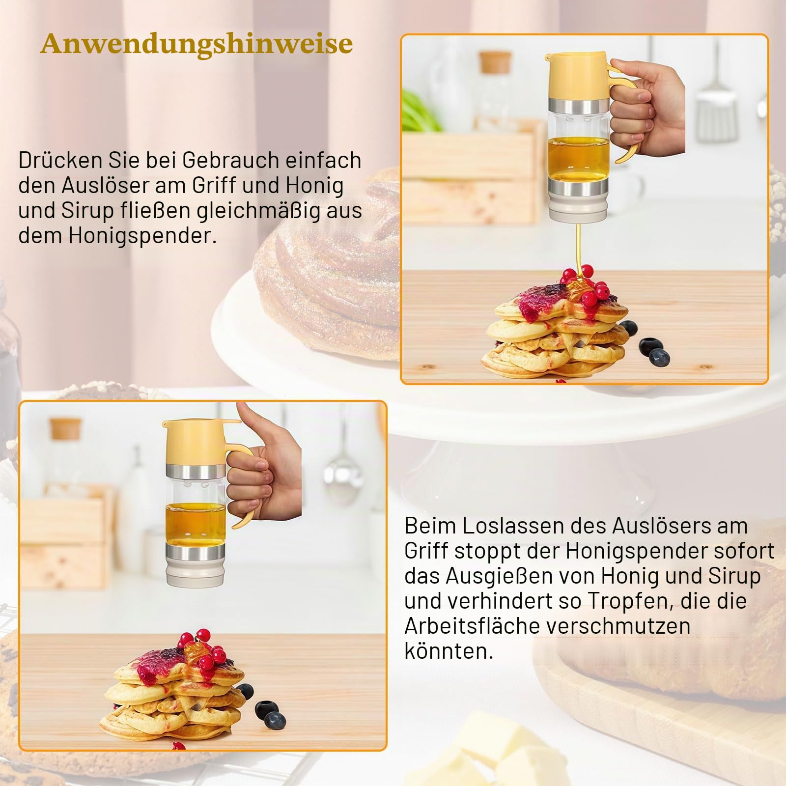 Honigspender Glas350 Ml 10,5Oz Tropfsicheres Honigglas mit Griff, Tropfsicherer Glas Honigspender mit Halterung, Sirupspender Glas Für Kaffee Oder Tee Honigspender Tropffrei Glas1 (Gelb)
