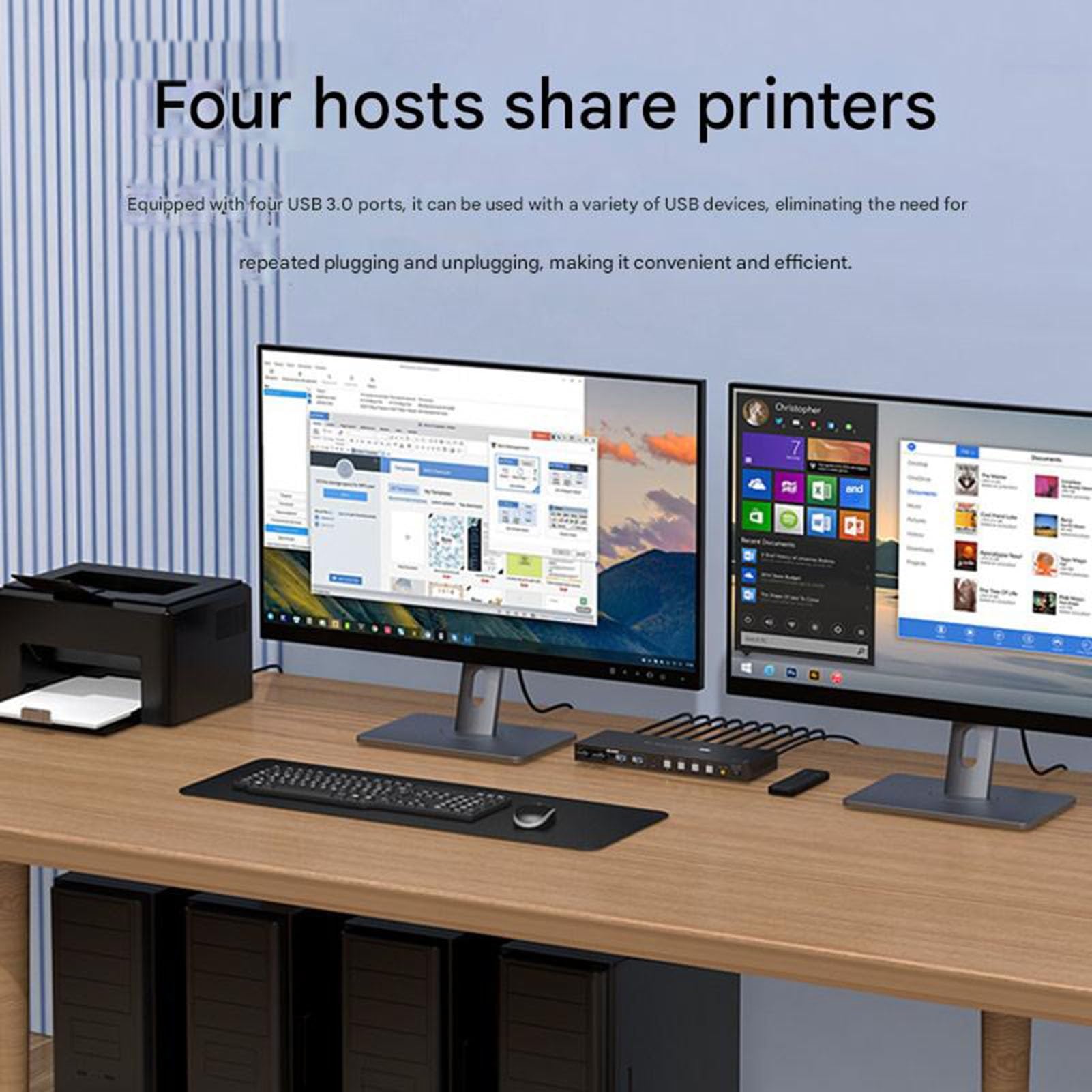 4-portowy przełącznik KVM z HDMI/DP, 8K 60 Hz, jeden zestaw myszy i klawiatury do sterowania czterema komputerami hosta współdzielonymi jednym monitorem; urządzenie do udostępniania drukarki