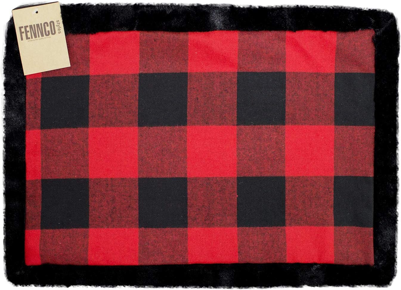 Fennco Styles Unique Christmas Buffalo Plaid Red and Black with Faux Fur Border Design Placemat (Black Fur Placemat 13"x19" Set of 4)