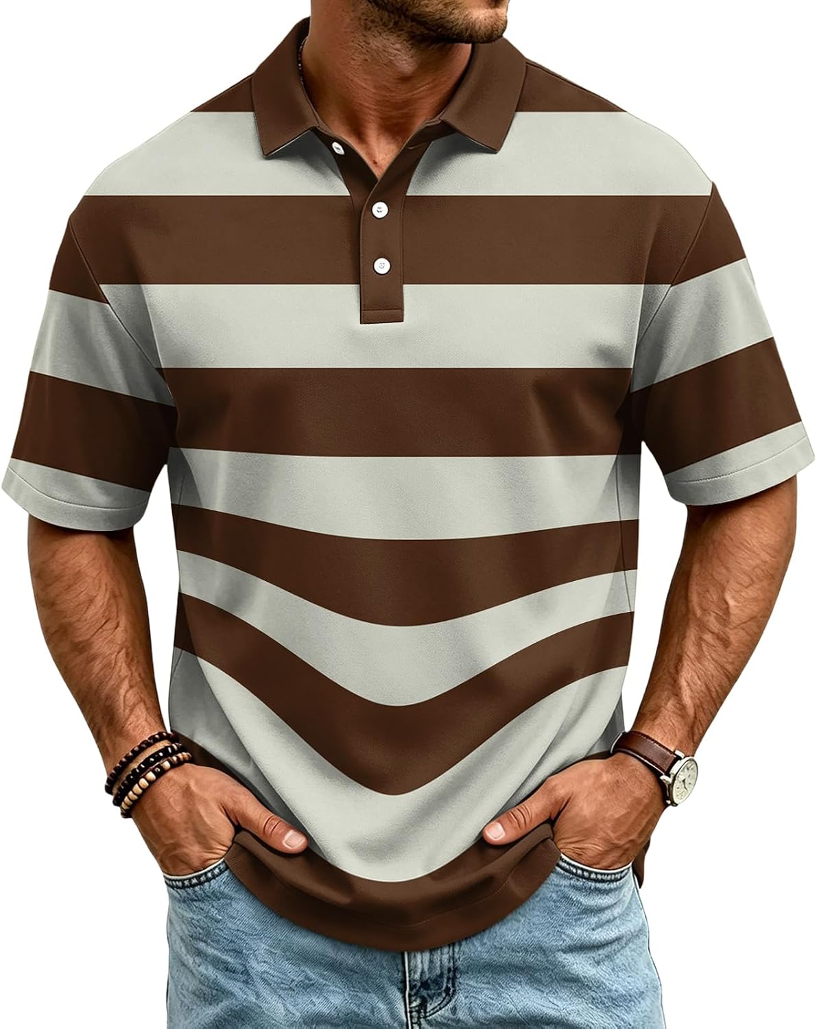 Ymosrh Men's Breeze Polo Shirts Short Sleeve Striped Summer Casual Vacation Party Golf Collar Shirts, S-3XL