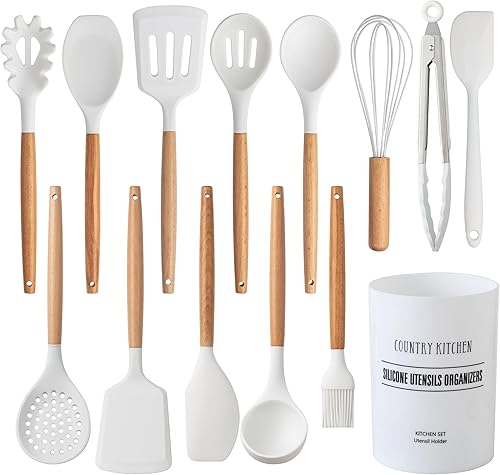 Country Kitchen Juego de utensilios de silicona antiadherente con asas redondeadas de madera para cocinar y hornear, juego de 14 piezas, color blanco