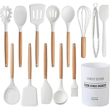 Country Kitchen Silicone Cooking Utensils, 14 Pc Kitchen Utensils Set, Easy to Clean Wooden Kitchen Utensils, Cooking Utensils for Nonstick Cookware, Kitchen Gadgets and Spatula Set