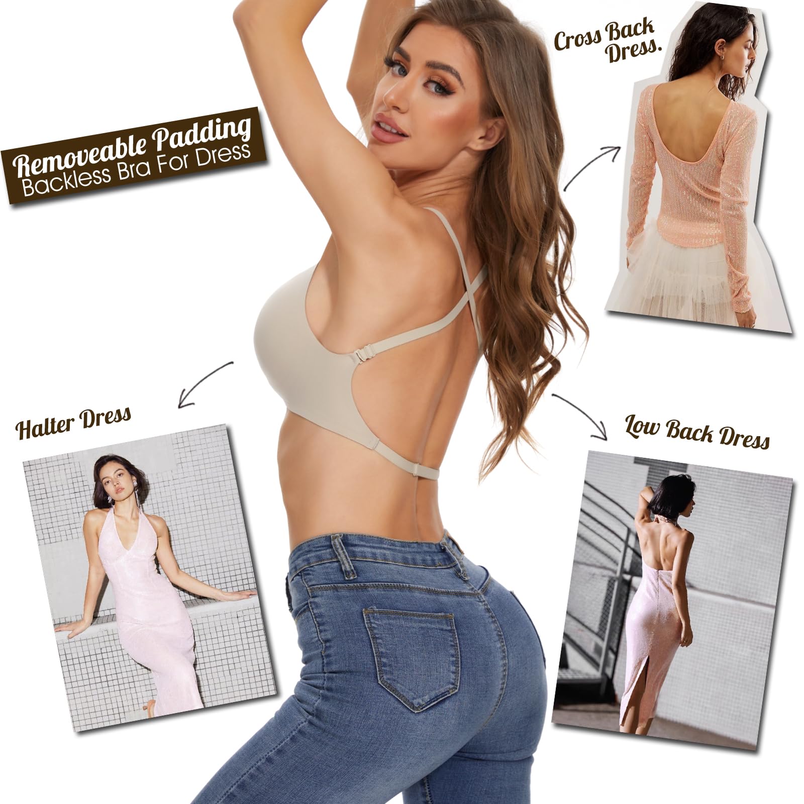 Shewant Reggiseno convertibile multidirezionale senza cuciture senza ferretto push-up basso reggiseno posteriore per le donne senza schienale