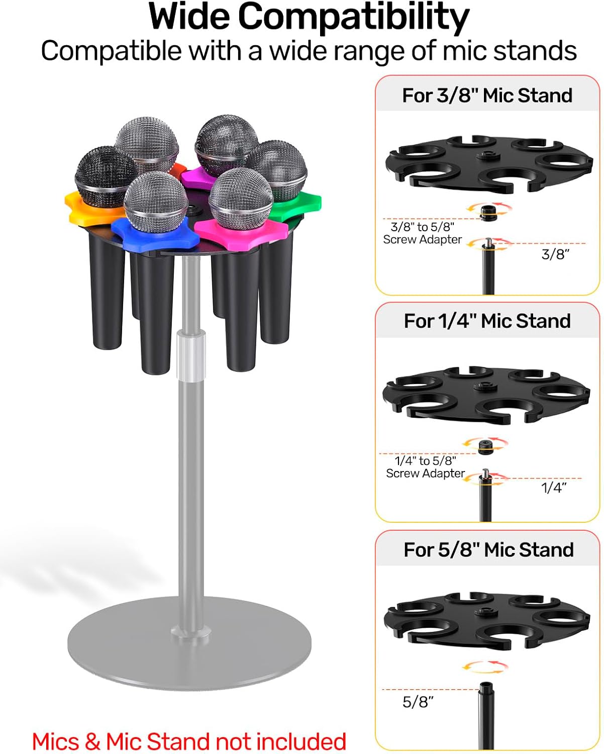 2 & 6 Slot Microphone Holder Combo, Aluminum with Rubber Pad, Wall/Stand Mount, Fits Multi Thread Stands for Studio Stage Church Podcast image 5