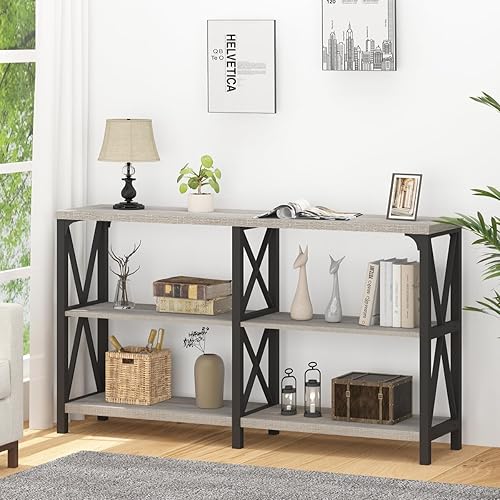 Miniatura 89 de IBF Mesa de entrada de granja, mesa consola larga rústica detrás del sofá, moderna mesa de sofá de madera de metal con estantes de almacenamiento,