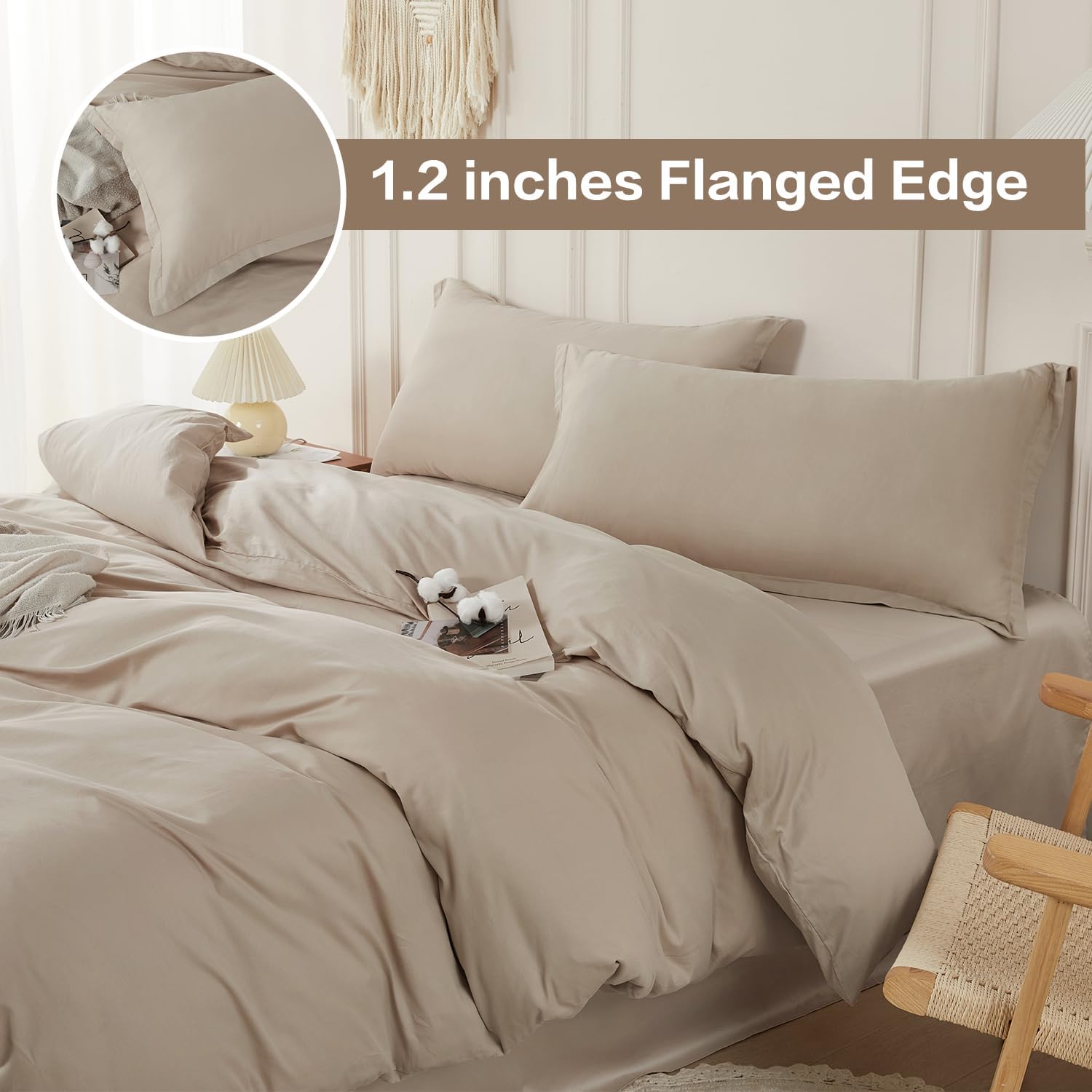 SAPHREAS Duvet Cover Set Queen Size 100% Organic Cotton, Soft Bedding Comforter Cover with Zipper Closure & Corner Ties, Comforter Not Included, Beige