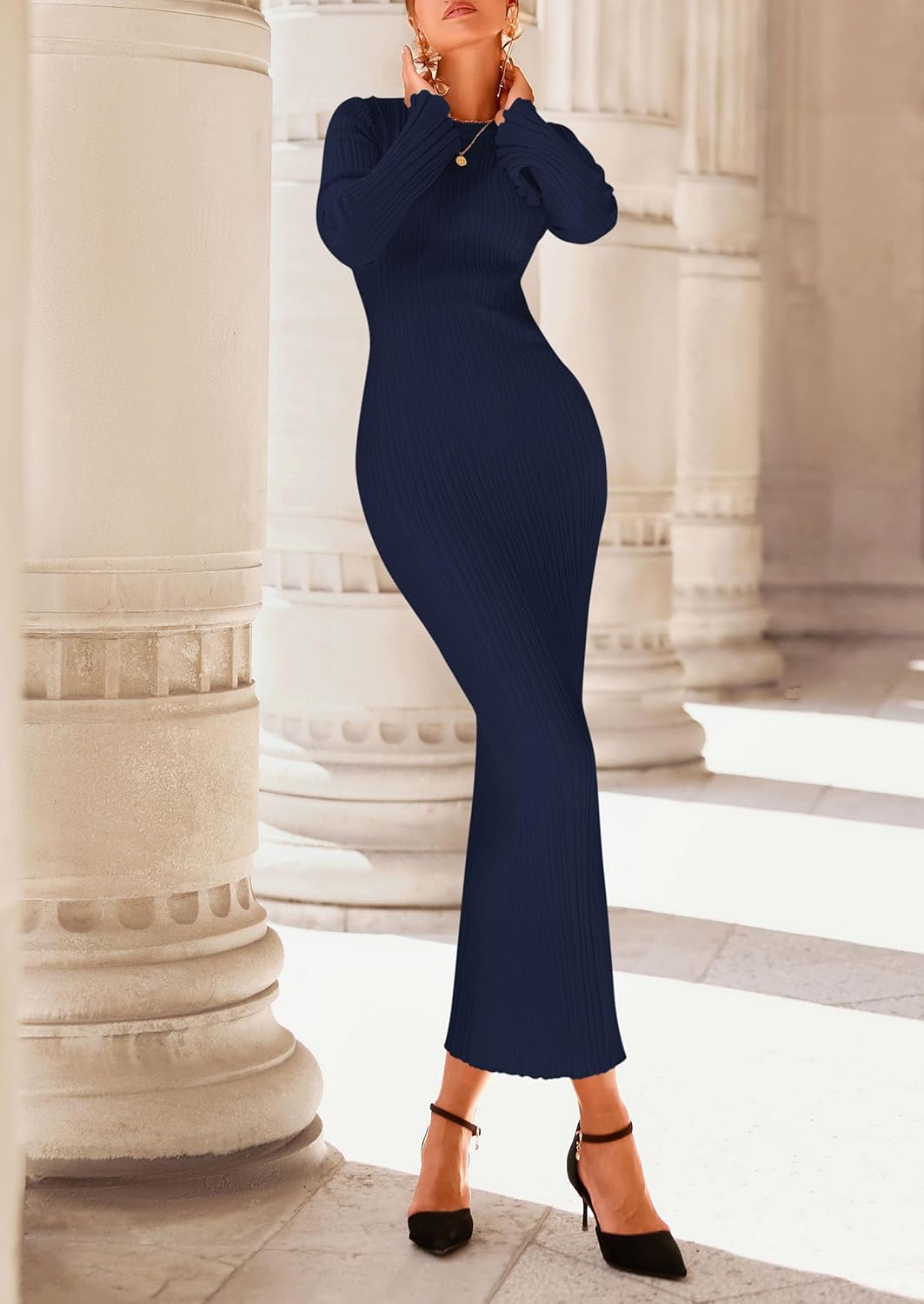 PRETTYGARDEN Sweater Dresses for Women 2026 Fall Bell Long Sleeve Crew Neck Bodycon Maxi Dress Winter Ribbed Knit Outfits - Image 4