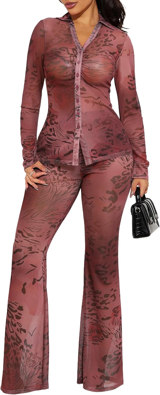 Ekaliy 2 Piece Pant Sets for Women Long Sleeve Mesh Floral Print Ruched Button Down Shirt Flare Wide Leg Pantsuits Streetwear - Image 2