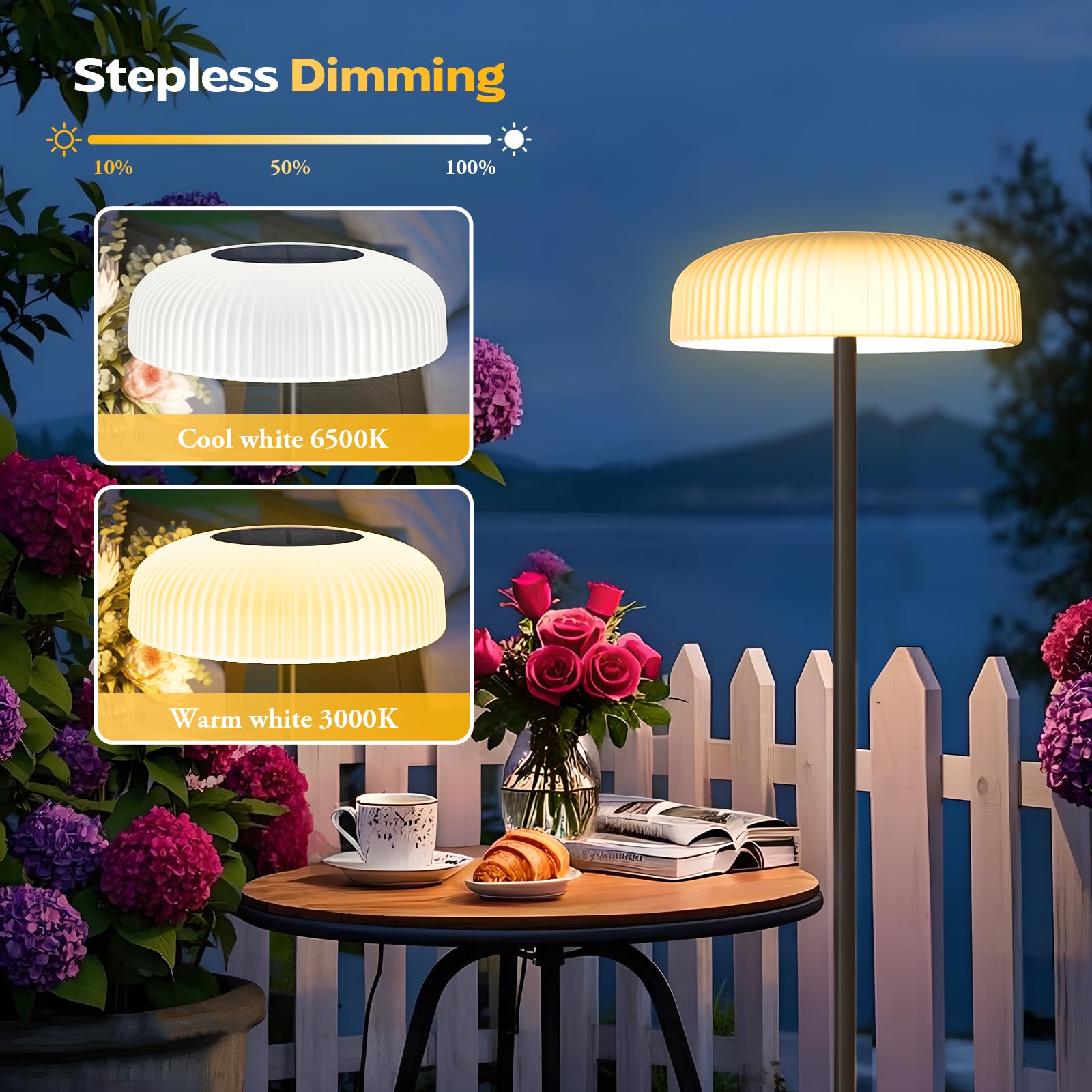 AGOTD Lampada da terra solare per patio esterno, LED senza fili con telecomando, 10 livelli di luminosità, bianco caldo e bianco freddo, impermeabile, ricaricabile da 4000 mAh