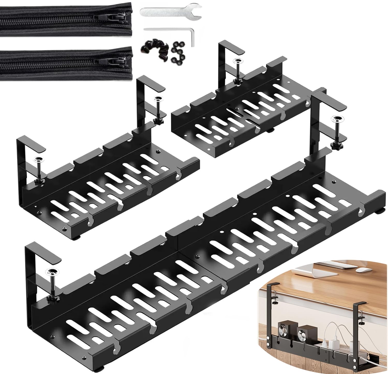 No-Drill Extendable Under Table Management Tray with 2 PCS Sleeves to Organize, Sturdy Steel Cord Hider for The with Clamp, & Accessories for Cable Management Under