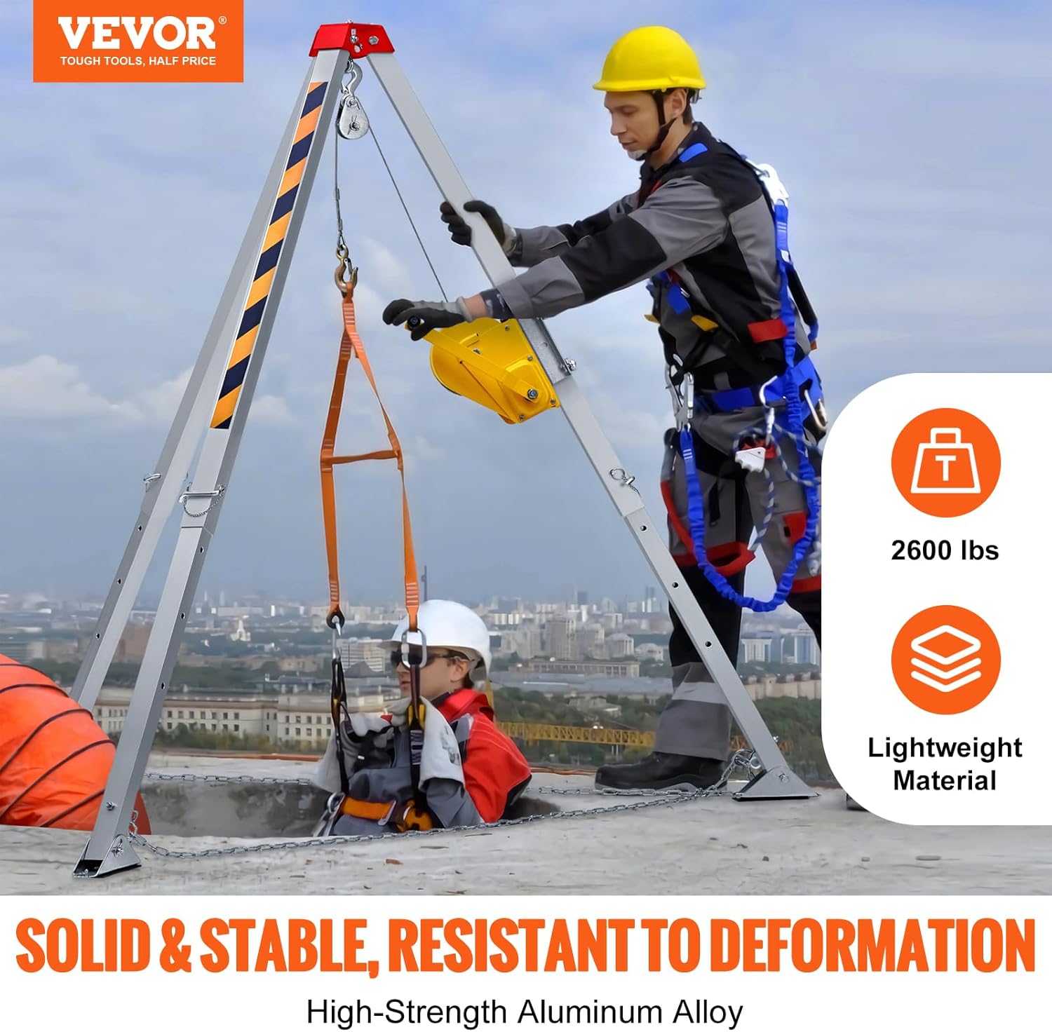VEVOR 2600 lbs Winch Confined Space Tripod Kit, Heavy Duty Rescue Tripod Lifting Hoist 98' Cable, 32.8' Fall Protection, 5-8ft Working Height, Portable Kit w/Harness Blower Gas detector