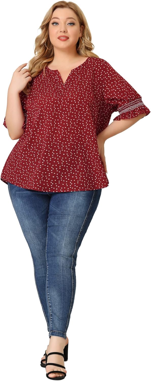 Agnes Orinda Plus Size Top for Women Dots Heart Boho Casual Smocked Short Sleeves Blouses Valentines Day - Image 3