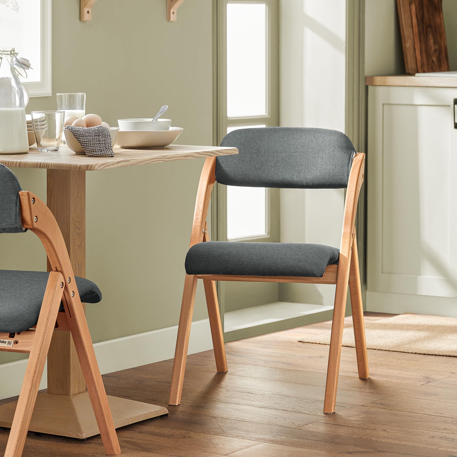SoBuy Klappstuhl Holz gepolstert 2er Set - Ergonomischer Küchenstuhl & Esszimmerstuhl, Faltbar & Platzsparend, Fertig Montiert, Für Küche, Balkon, Büro, Dunkelgrau 47,5 x 77 x 59 cm FST92-SGx2
