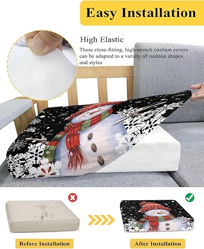 Miniatura 5 de Wowouhiya Red Snowman Christmas Couch Cushion Covers, Stretch Sofa Cover with Elastic Bottom, Xmas Winter Snowflake Black Sofa Slipcovers Protector