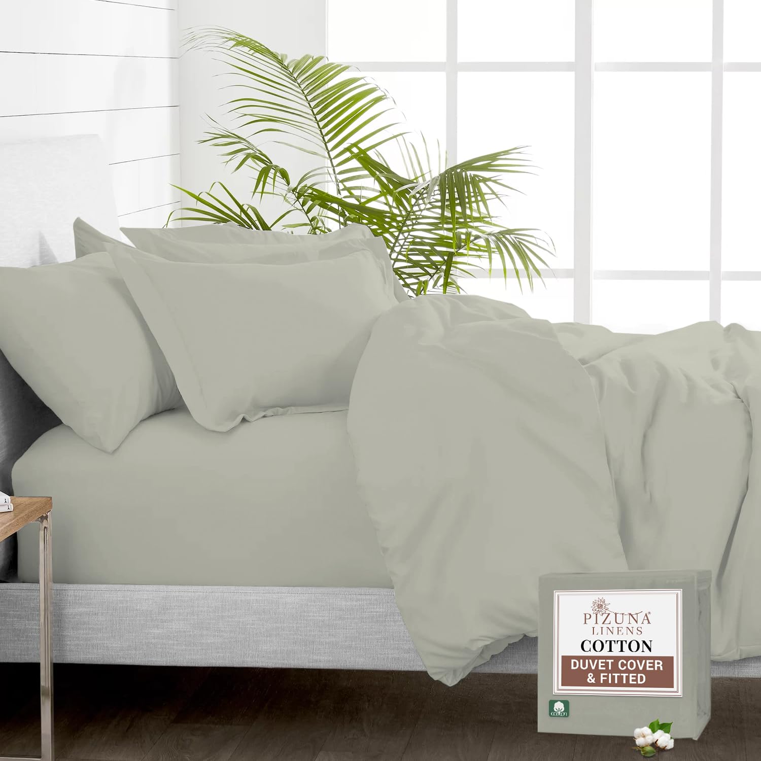 Pizuna Pure 100% Cotton Double Duvet Cover Set with Double Fitted Sheet Silver, 400 Thread Count Long Staple Cotton Bedding Set, Soft Sateen Weave Comforter Set & 40 cm Deep Fitted Sheets