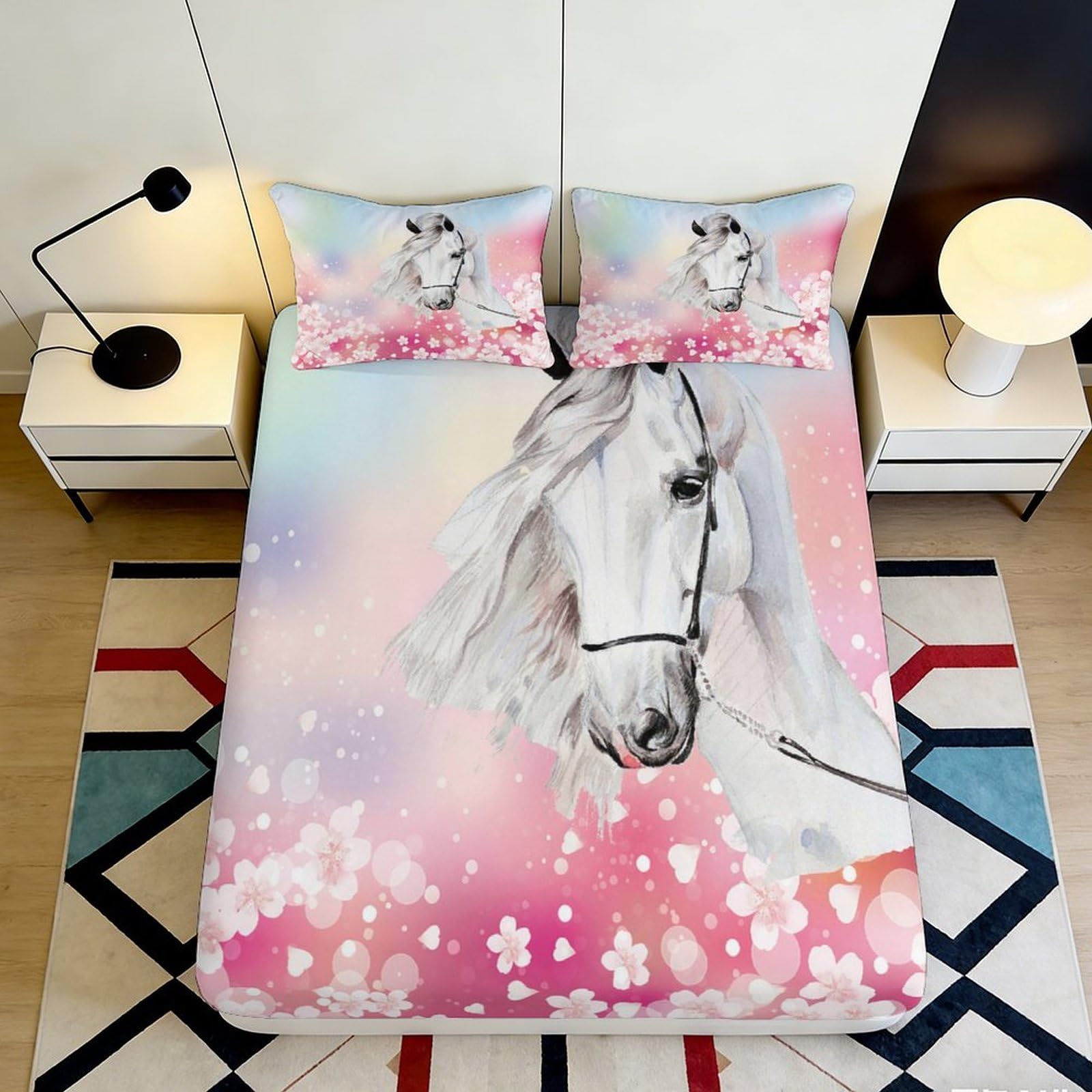 Pnayamiorkfel Style-1 3D Printed White Horse Pastel Blossom Fitted Sheet Microfiber Soft Mattress Cover For Bedroom Guest Room Decor 90X200x25cm