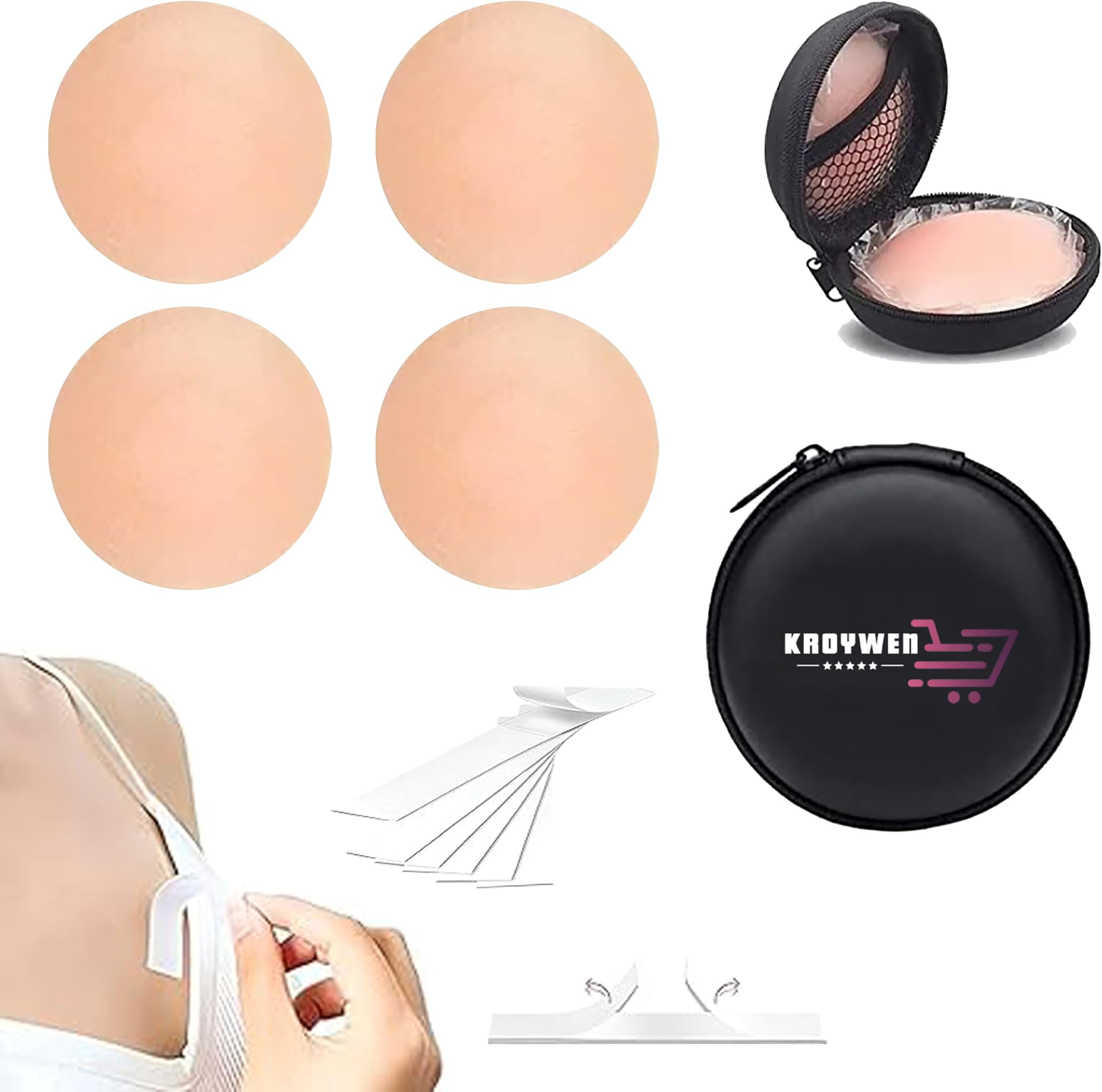 4 Pcs Reusable Nipple Covers with Case | Comfortable & Natural Invisible Self Adhesive Washable Silicone Pasties for Women (Skin Color) with Double Sided Tape 36 Pieces | Silicone Bra Beige