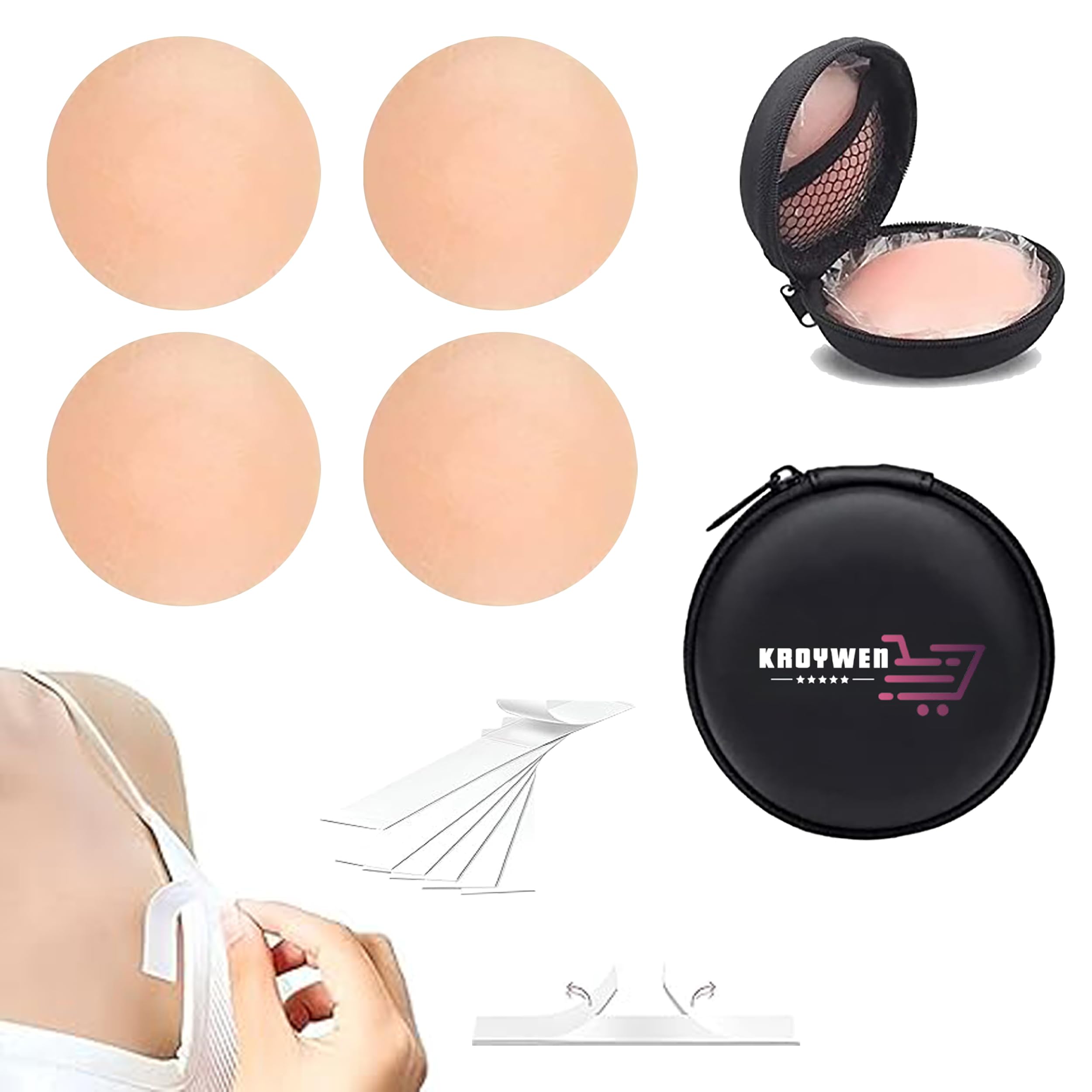 4 Pcs Reusable Nipple Covers with Case | Comfortable & Natural Invisible Self Adhesive Washable Silicone Pasties for Women (Skin Color) with Double Sided Tape 36 Pieces | Silicone Bra Beige-image-33