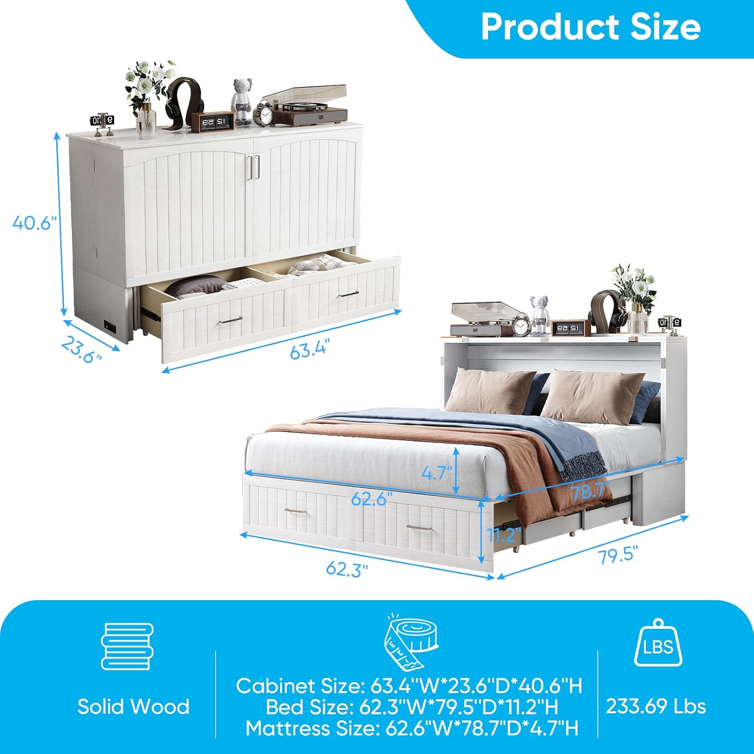 Mjkone Murphy Cabinet Bed, Queen Size Murphy Bed with Tri-Folding Mattress and USB Charging Ports, Modern Foldable Guest Beds with 2 Large Storage Drawers for Living Room, Bedroom Spaces-White