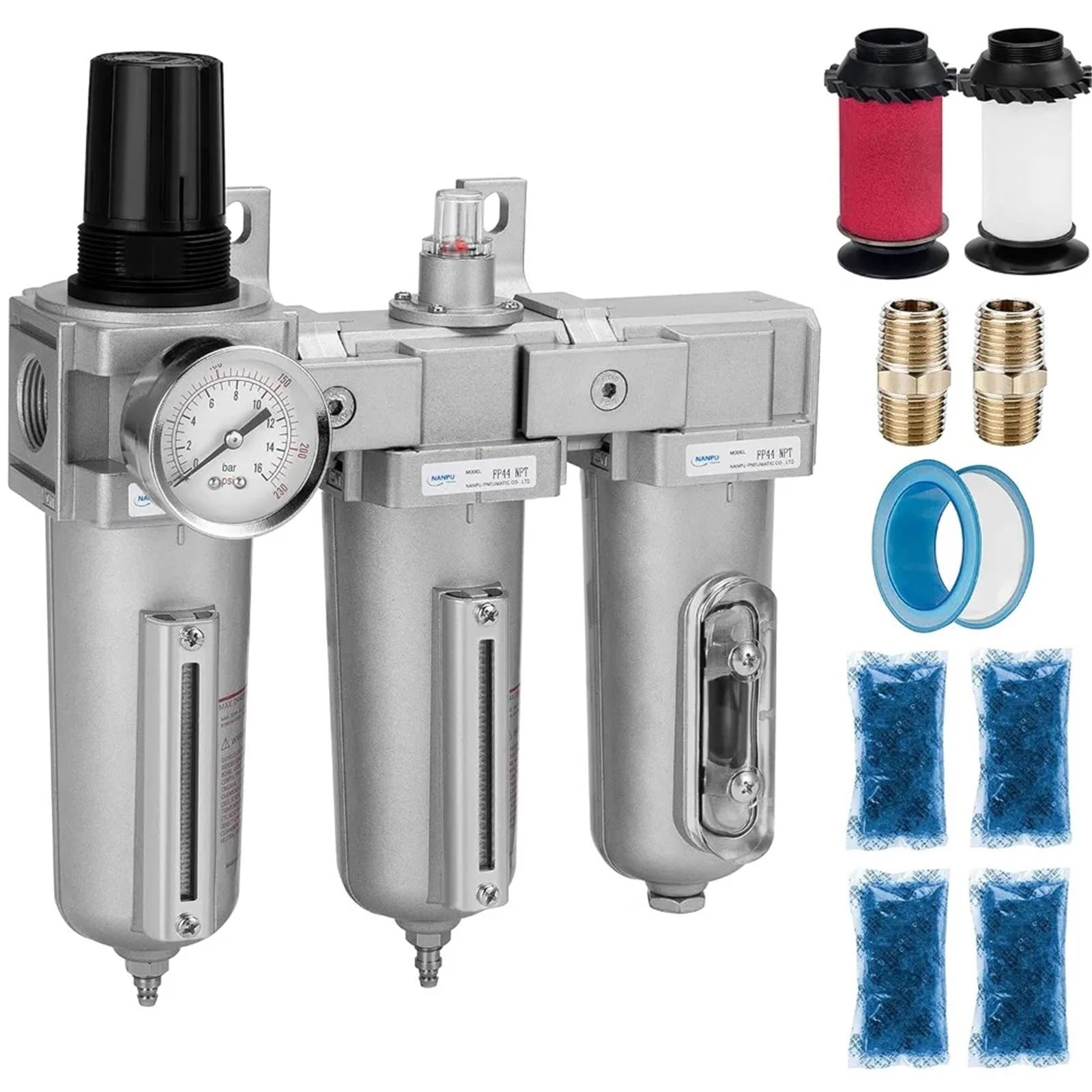 1/2 NPT Przemysłowy 3-stopniowy system osuszania powietrza - filtr cząstek stałych, filtr koalescencyjny, osuszacz adsorpcyjny i regulator powietrza