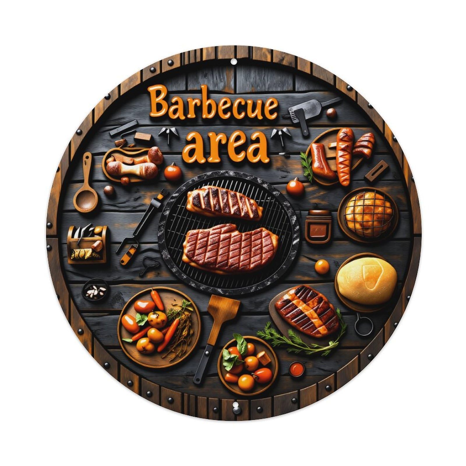 Barbecue Area Grill Meat Vegetables Tools Wood Background Metal Tin