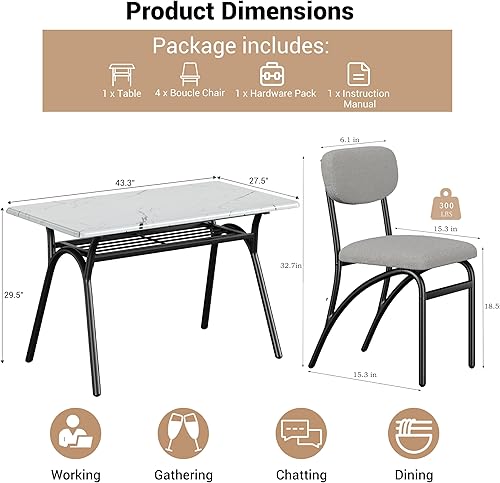 Miniatura 2 de GarveeHome Juego de mesa de comedor de 5 piezas para 4, mesa de cocina moderna con 4 sillas Boucle, mesa de comedor rectangular con estante de