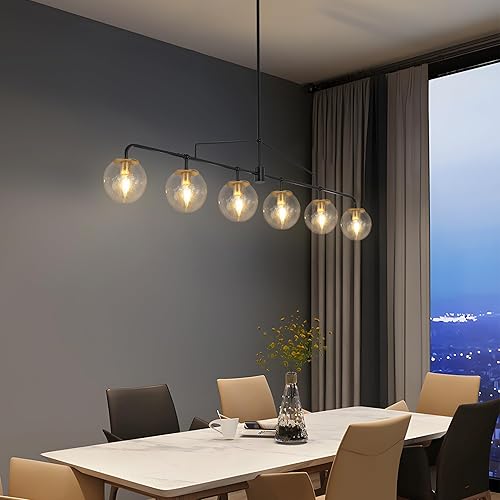 Miniatura 7 de Candelabro lineal moderno negro y dorado, lámpara de comedor con semillas, globo de cristal, 6 luces para granja, cocina, bar, longitud de 51.58
