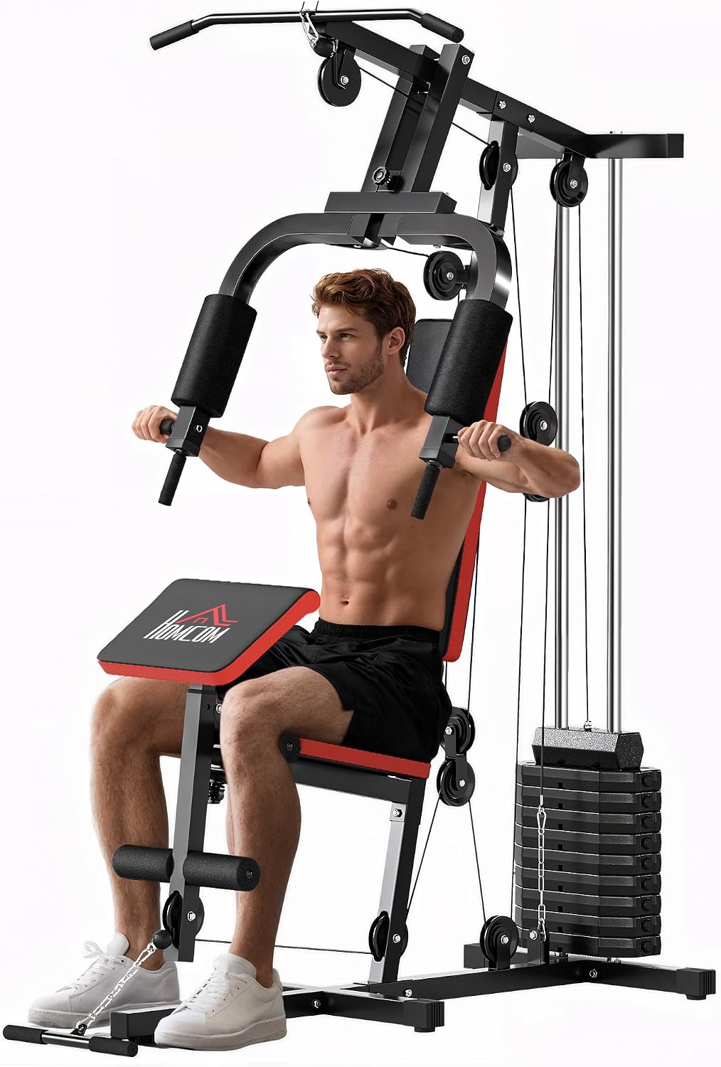 HOMCOM compact multi gym with 65 kg weight stack, lat pulldown and leg developer