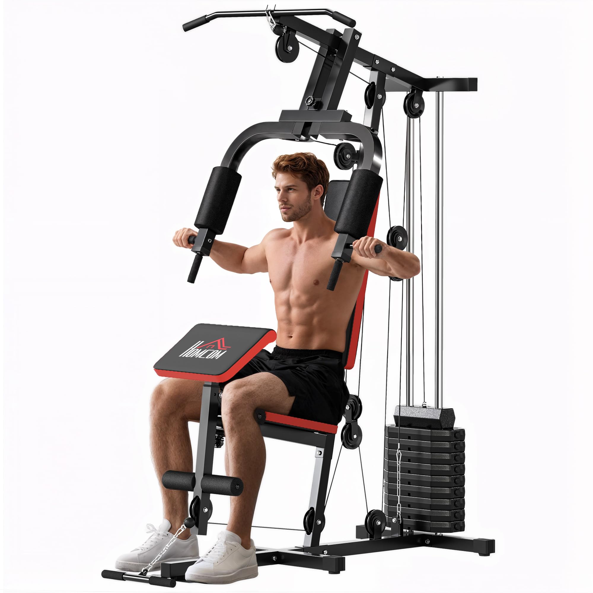 HOMCOM Multiestación de Musculación con Barra Pulldown, Press de Pecho, Prensa de Piernas, Banco Predicador, Placas de Peso 65 kg Máquina de Musculación para Entrenamiento Fitness en Hogar Gimnasio