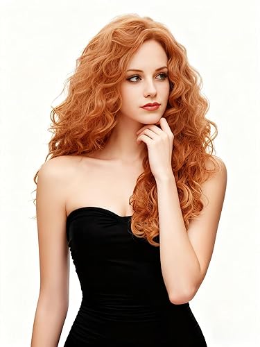 Miniatura 4 de Rugelyss Pelucas largas onduladas de 28 pulgadas de cobre natural zorro rojo sintético rizado peluca de pelo rizado para las mujeres