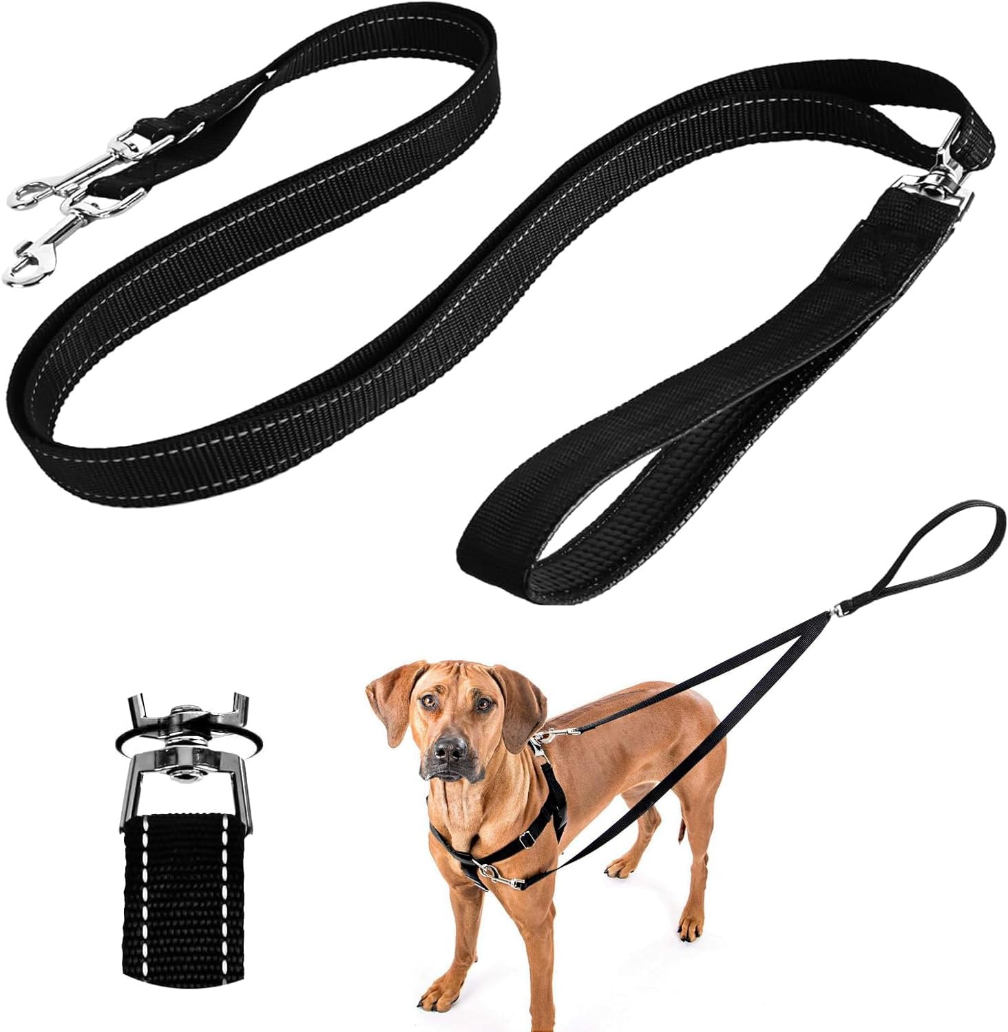 SevenFish Anti-Pull Dog Leash, No Tangle Adjustable Dog Lead with Soft Double Padded Handle, Heavy Duty Reflective Dog Leash for Large Medium Dogs Training and Walking, Black