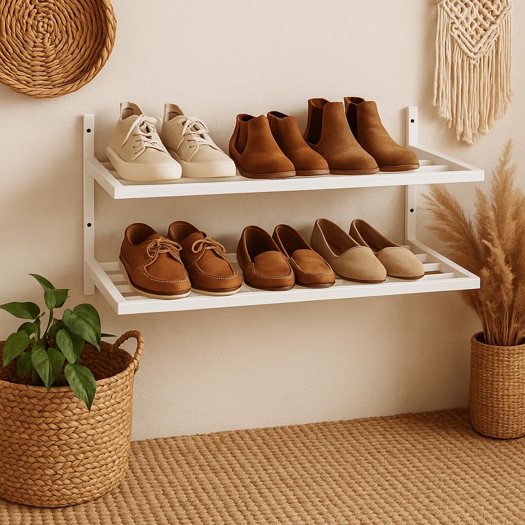 Schuhregal Metall - Schuhregal Hängend - 70 x 33 x 31 cm - mit 2 Ablagen, Wandmontage - Schuh Organizer für Flur, Garderobe - Schuhablage Scarpe Weiß