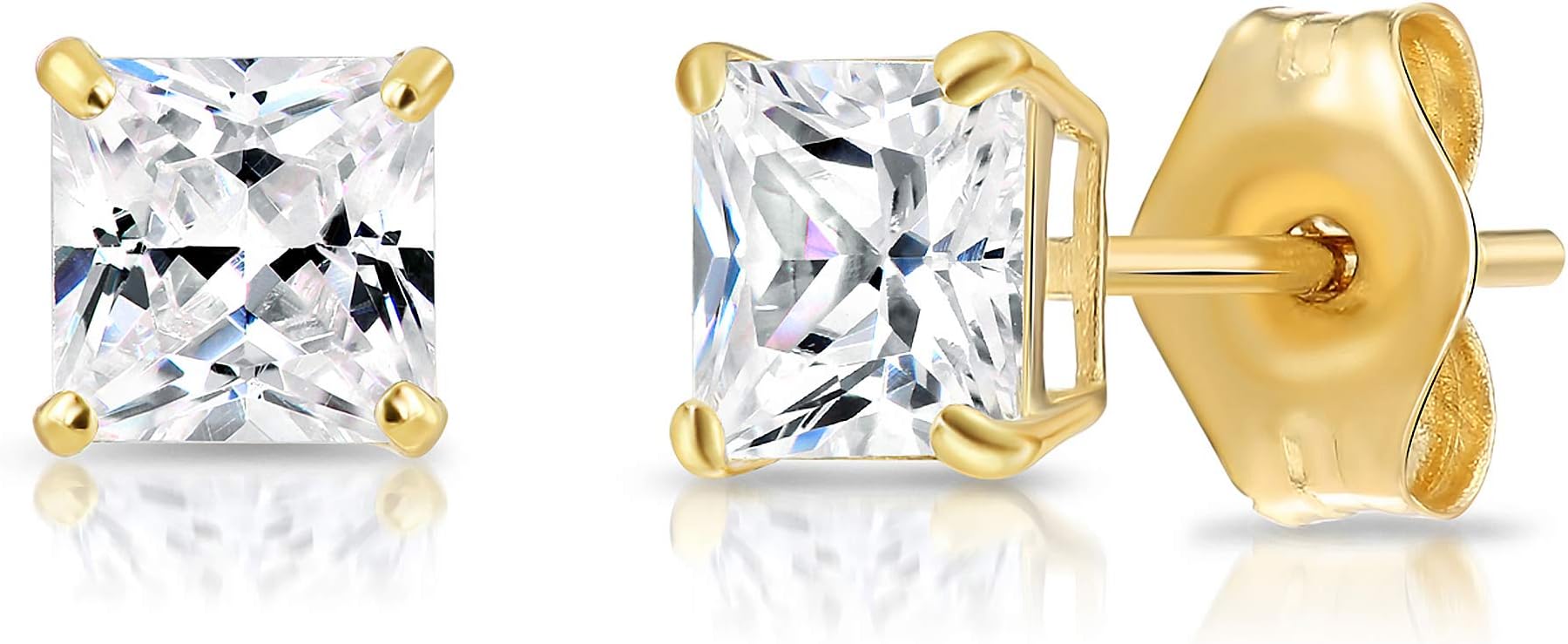 14k Yellow Gold Princess-Cut Square Cubic Zirconia CZ Stud Earrings with Gold Butterfly Pushbacks