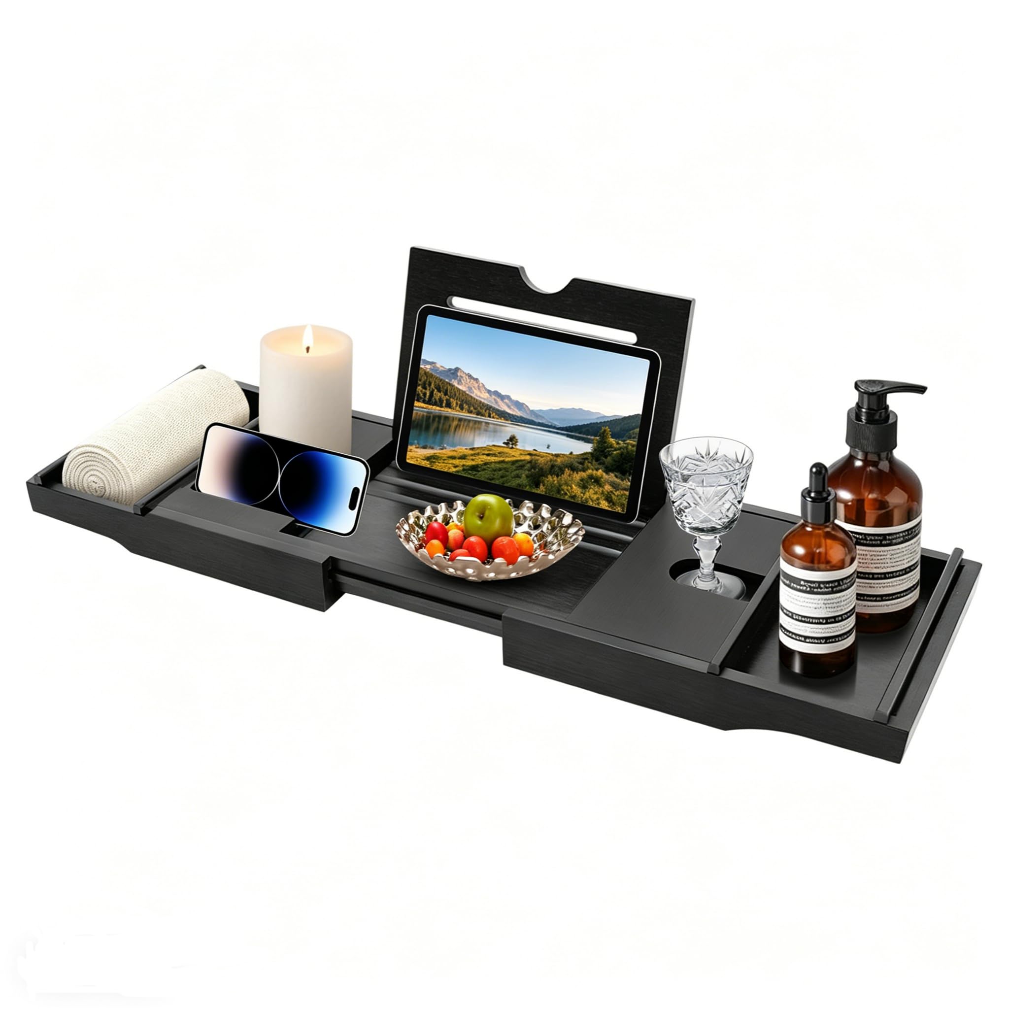 Bandeja extensible para bañera con capacidad de carga de 10 kg, bandeja ajustable para bañera (75 – 111 cm), color negro con un ancho de 22,8 cm