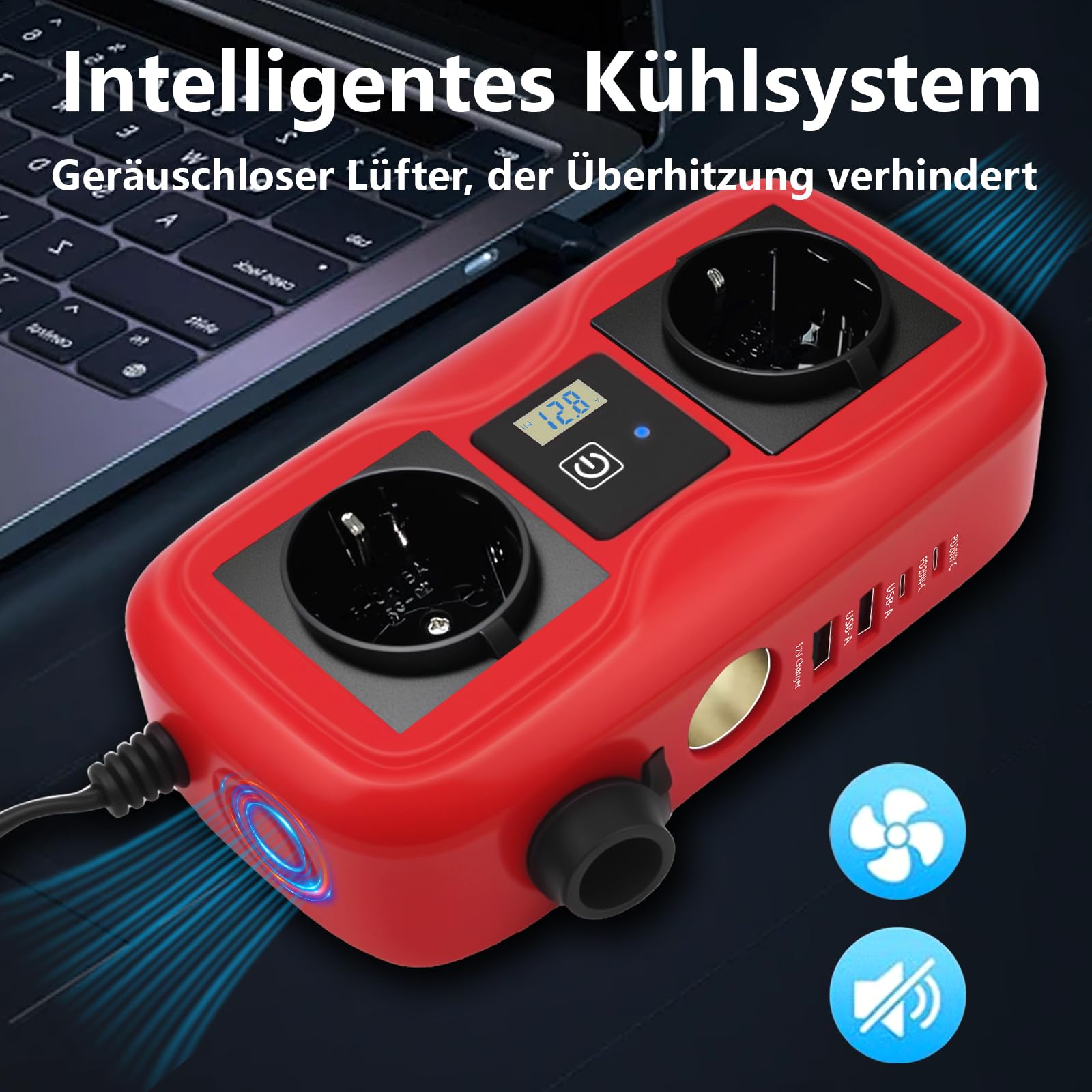 200W Auto Wechselrichter 12 V auf 220-230 V, SZSSTH-Spannungswandler 2 USB-A / 2 Typ-C (5V 3A), Stromwandler mit Zigarettenanzünder, Wechselrichter für Mobiltelefone, Laptops und Camping