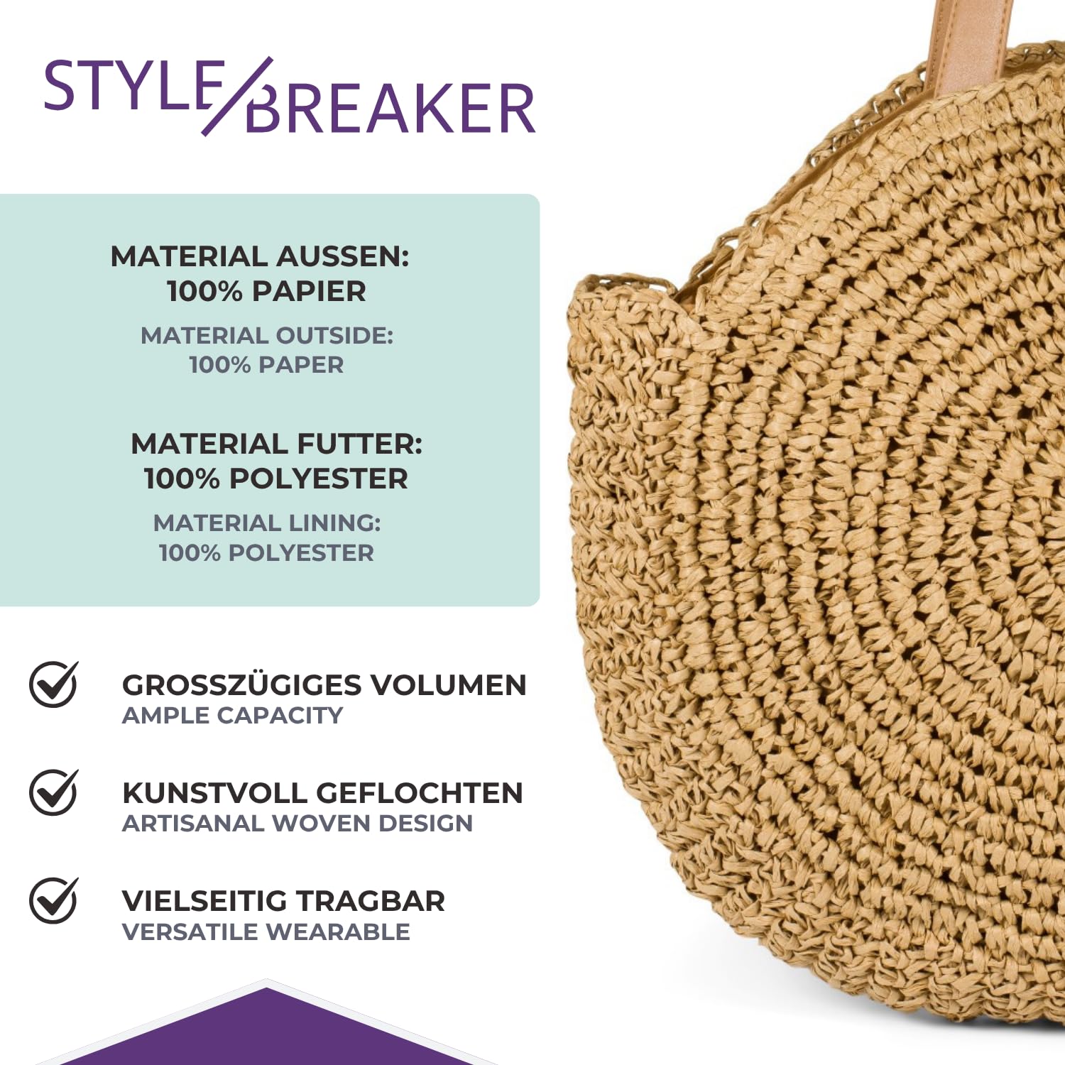 styleBREAKER Sac de plage rond en paille femme 42x46x13 cm | Grand compartiment tressé zippé 42x46x13 cm. Anses fixes en similicuir 54 cm pour un porté épaule confortable.