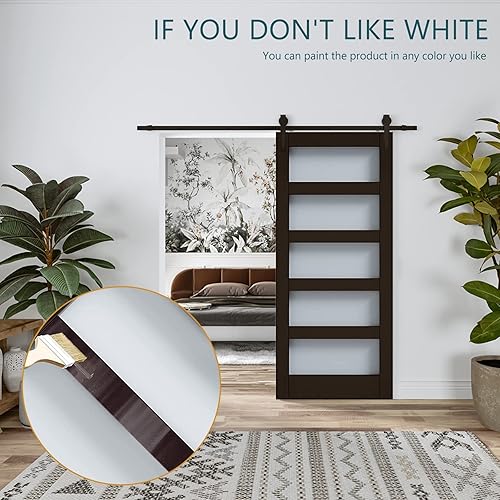 Miniatura 11 de BARNER HOME Puerta corrediza de granero de 30 x 84 pulgadas, MDF, imprimada, 5 paneles de vidrio, necesita montar, con herrajes de 6.6 pies, mango