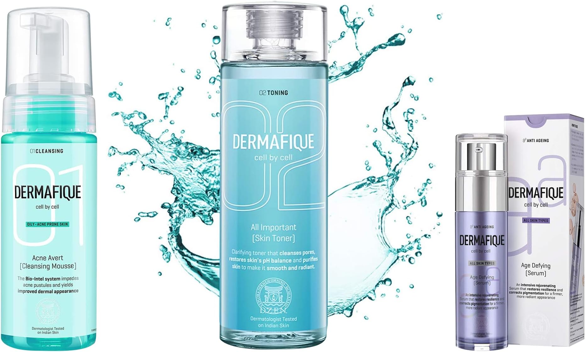 Dermafique Age Defying Face Serum moisturizer for All Skin (50 ml) & Dermafique All Important Skin Toner, 150 ml & Dermafique Acne Avert Cleansing Mousse, 150 ml