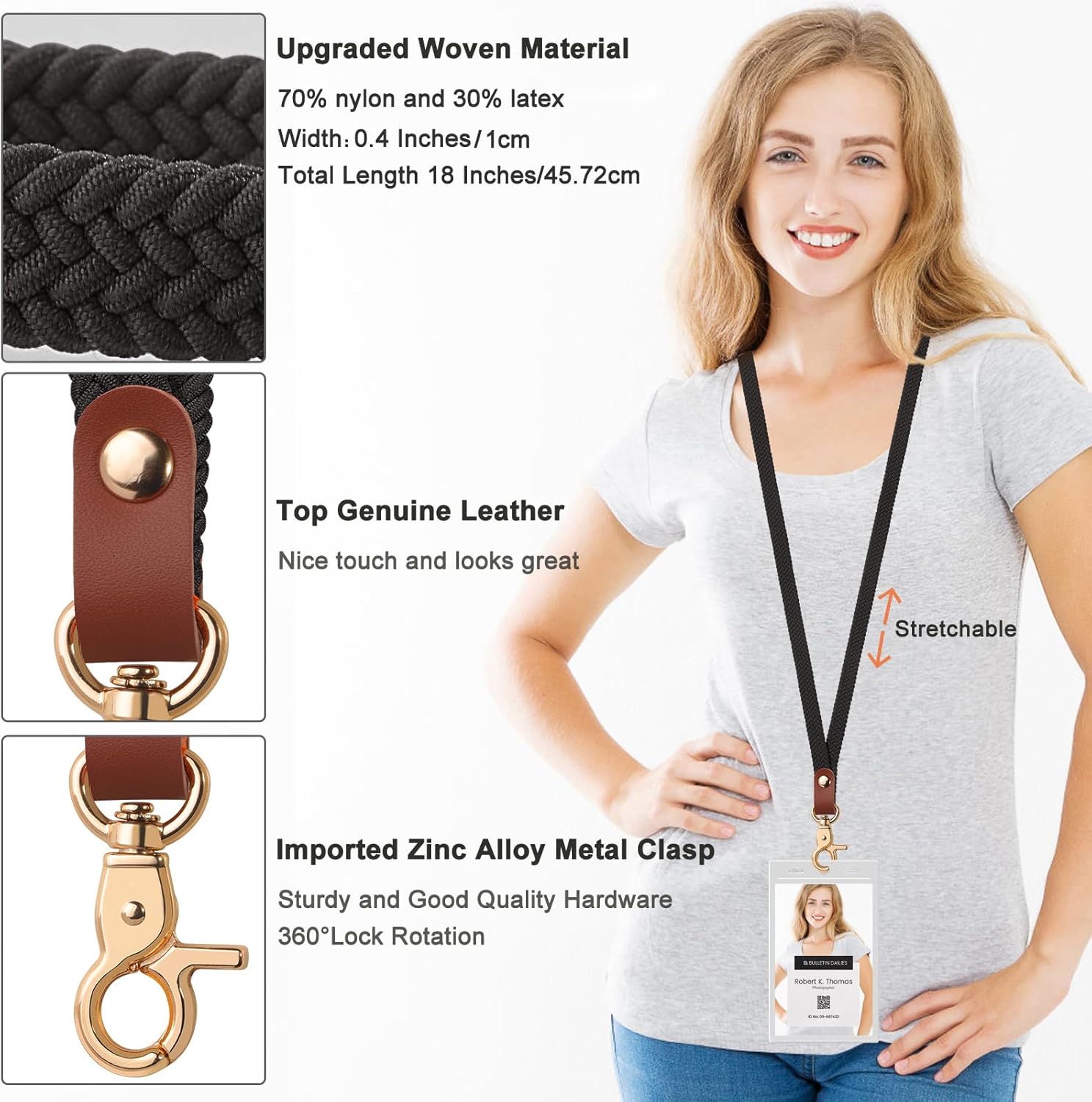 Fishent Stretchy Thin Lanyards for Keys ID Badges, Cute Long Teacher Neck Key Lanyard Keychains for Women Men Wallet Phone(Black) - Image 4