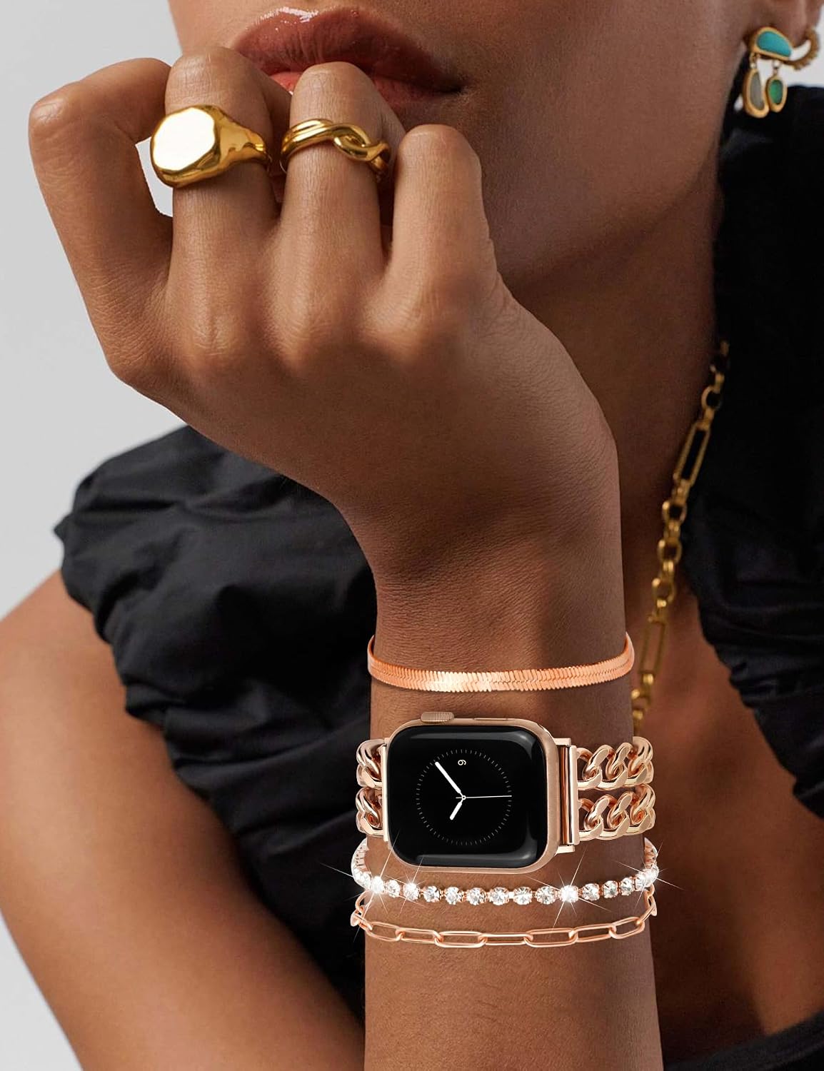 JR.DM Gold Watch Band and 3Pc Bracelets Set for Women Compatible with Apple Watch 38/40/41/42/44/45/46/49mm Elegant Metal Strap Jewelry Chain Bracelet for iWatch Series1/2/3/4/5/6/7/8/9/10/11 SE3/2/1